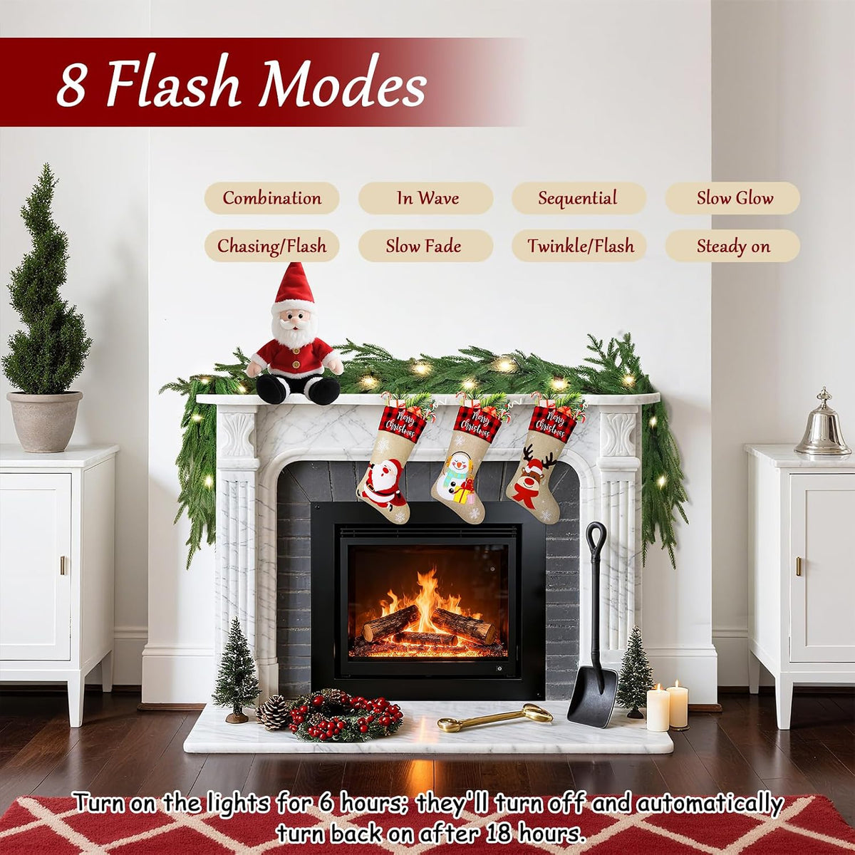 12FT Christmas Garland with Lights, 8 Flash Style with Timer for Indoor & Outdoor Christmas Decorations, Real Touch