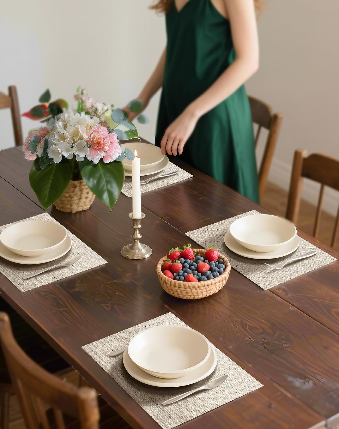 Leetaltree Beige Placemats Set of 8 - Heat Resistant Non-Slip Place mats for Dining Table, Washable Durable PVC Vinyl