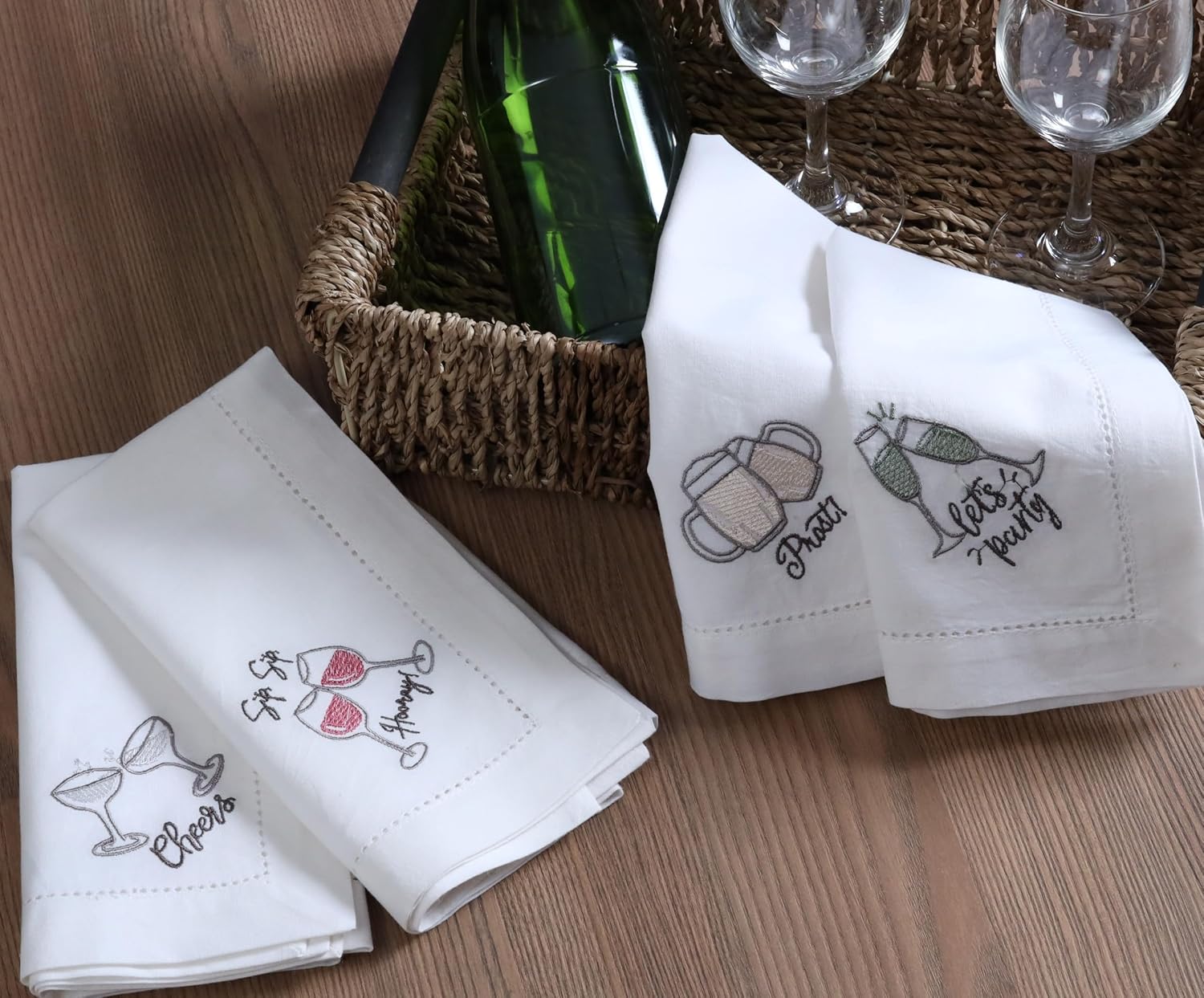 Bedding Craft Cotton Cloth Dinner Napkins Set of 12 – 18x18 Embroidered Motif with Decorative Hemstitch – Machine