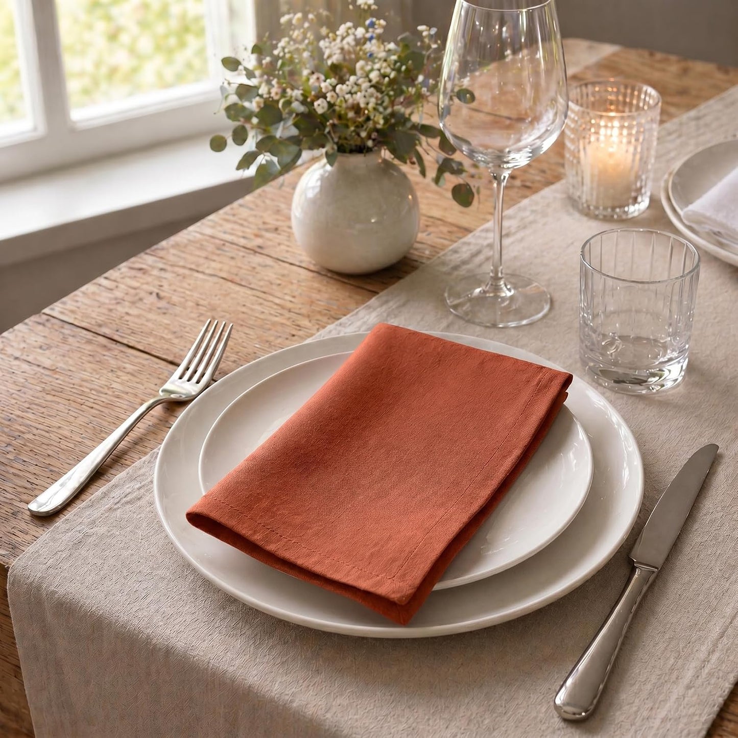 ACCENTHOME Rust Cotton Linen Napkin Set of 12 18x18 inch Dinner Napkins | Cotton Linen Blend Napkins, Machine Wash On
