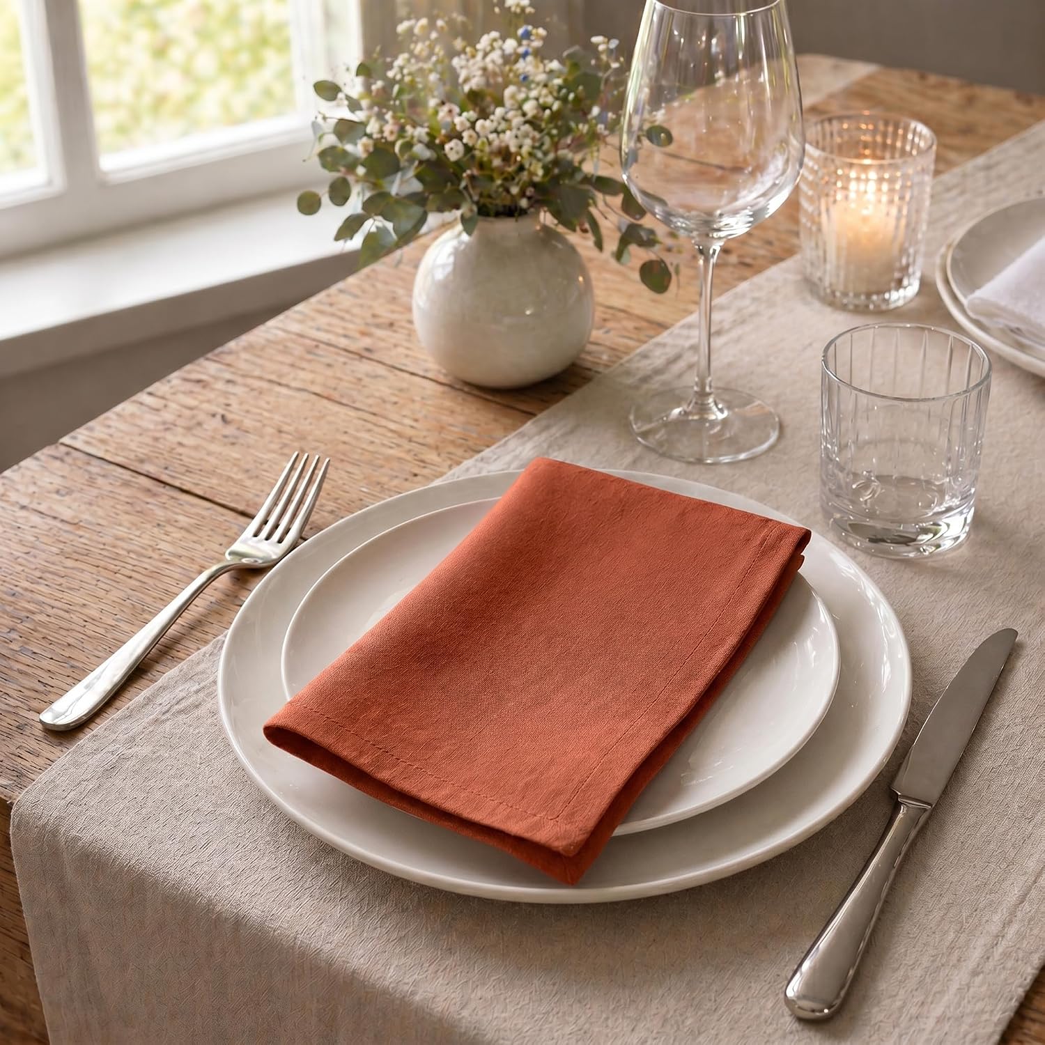 ACCENTHOME Rust Cotton Linen Napkin Set of 12 18x18 inch Dinner Napkins | Cotton Linen Blend Napkins, Machine Wash On