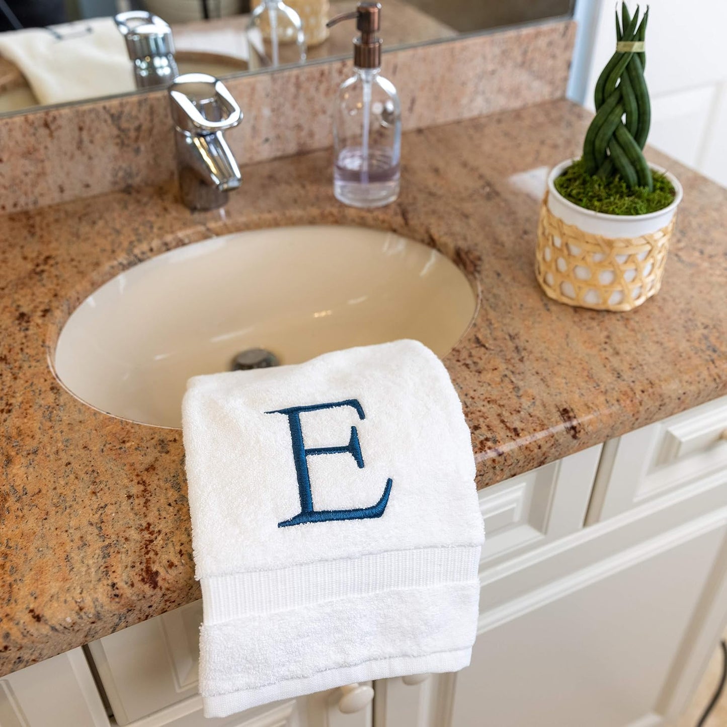White with Navy Monogrammed Hand Towels for Bathroom - Set of 2 Letter E | Luxury Hotel Quality Initial Towels For
