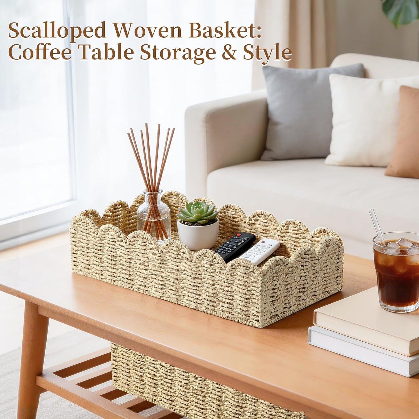 Scalloped Wicker Shelf Baskets / Beige M+L / Set of 2