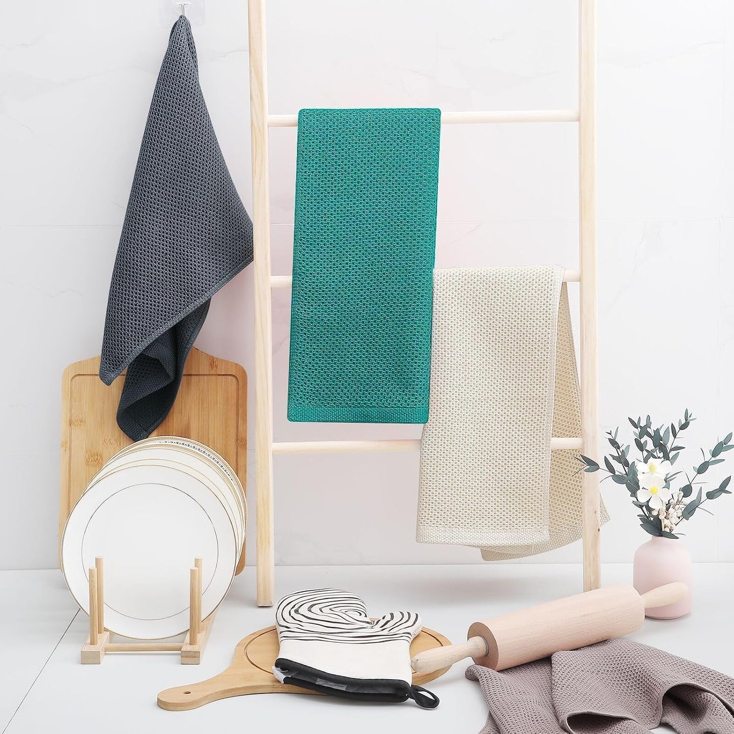 Homaxy 100% Cotton Waffle Weave Kitchen Dish Towels 12-Pack, Teal | 13 x 28 Inches, Ultra Soft Absorbent Dish Towels