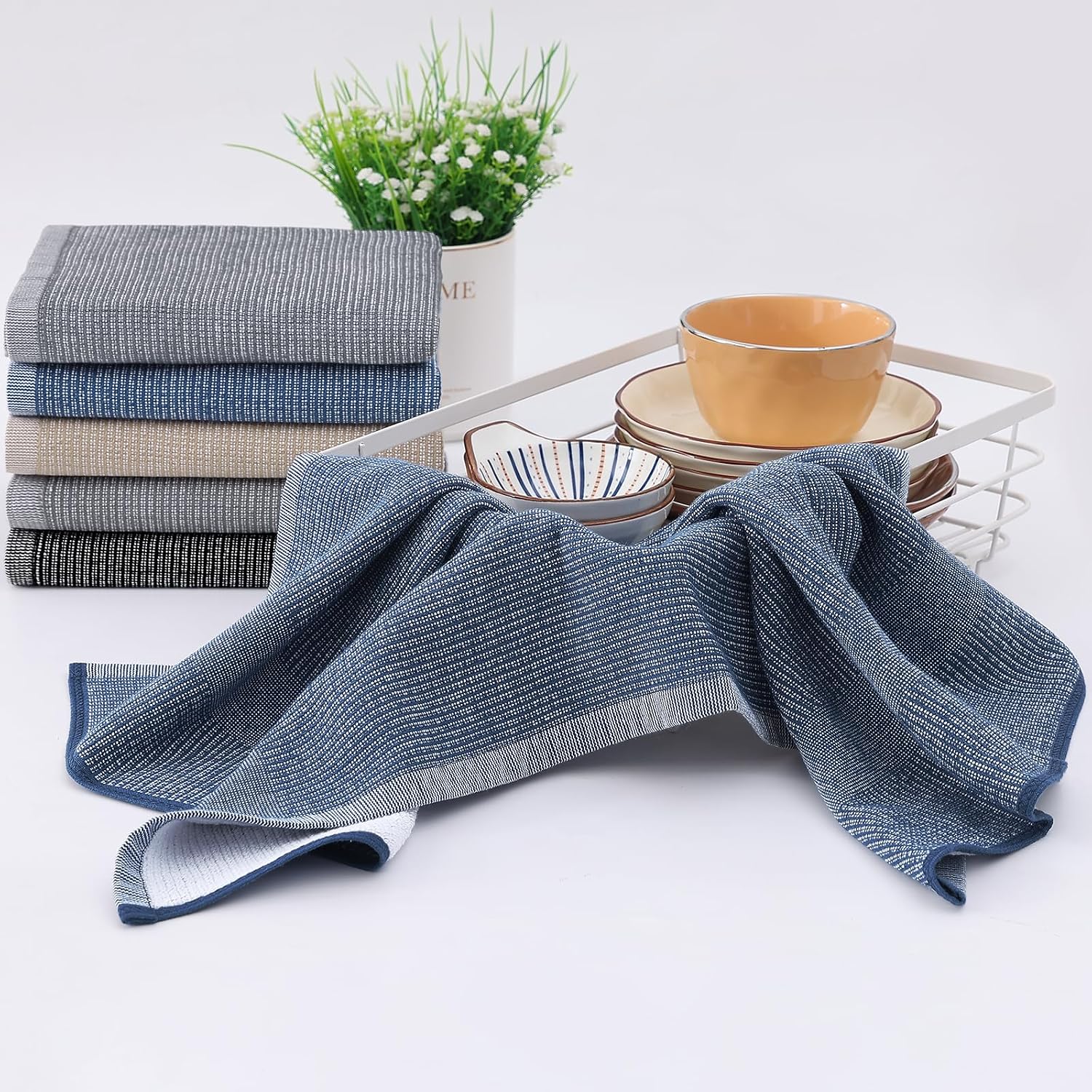 Homaxy 380 GSM Cotton Premium Kitchen Towels 8 Pack, 18"x 28", Mixed Color | Flat and Terry Dish Towels, Highly