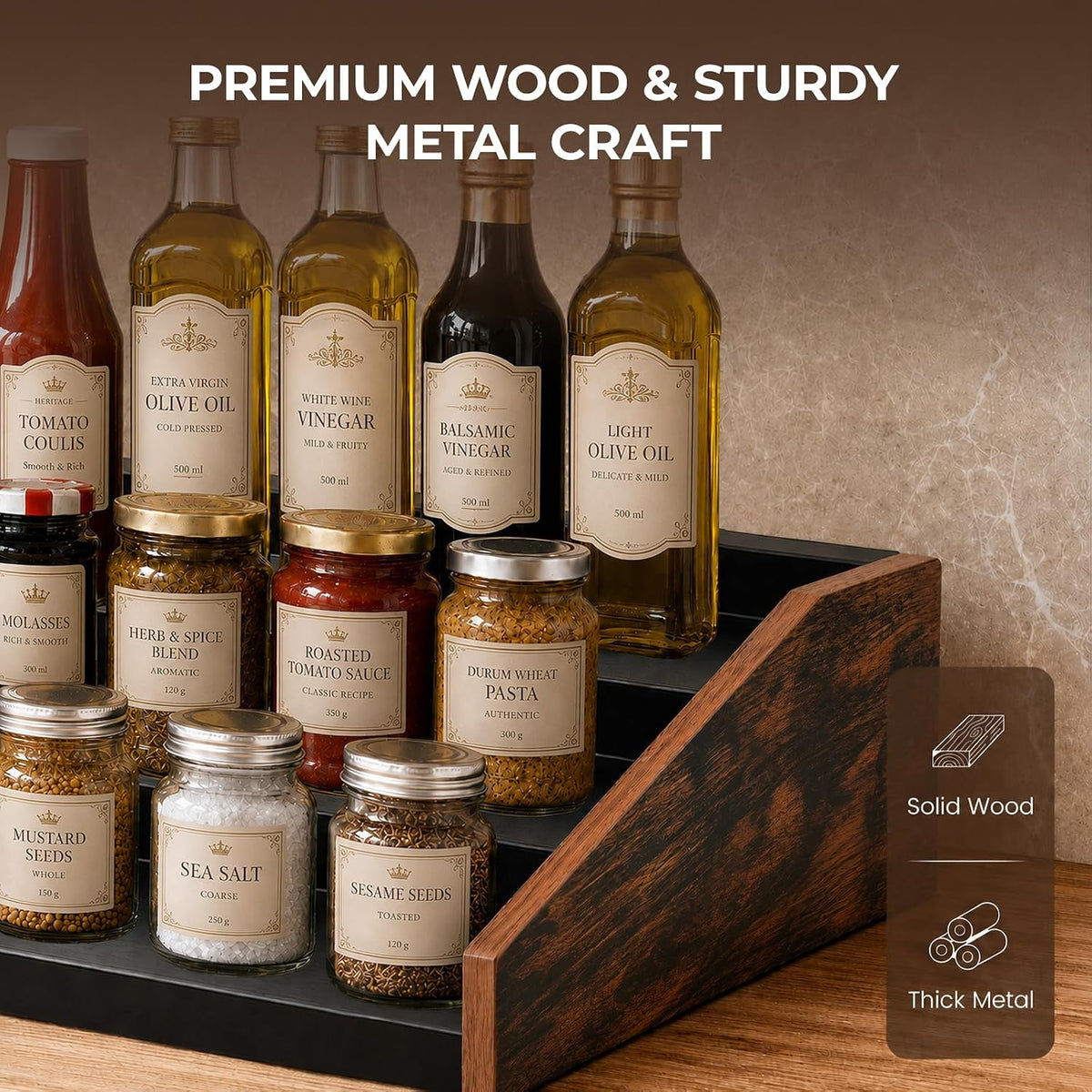 3-Tier Expandable Spice Rack Organizer, 12.8-22.6 in, Rustic Brown | Adjustable, Countertop Stepped wood & iron