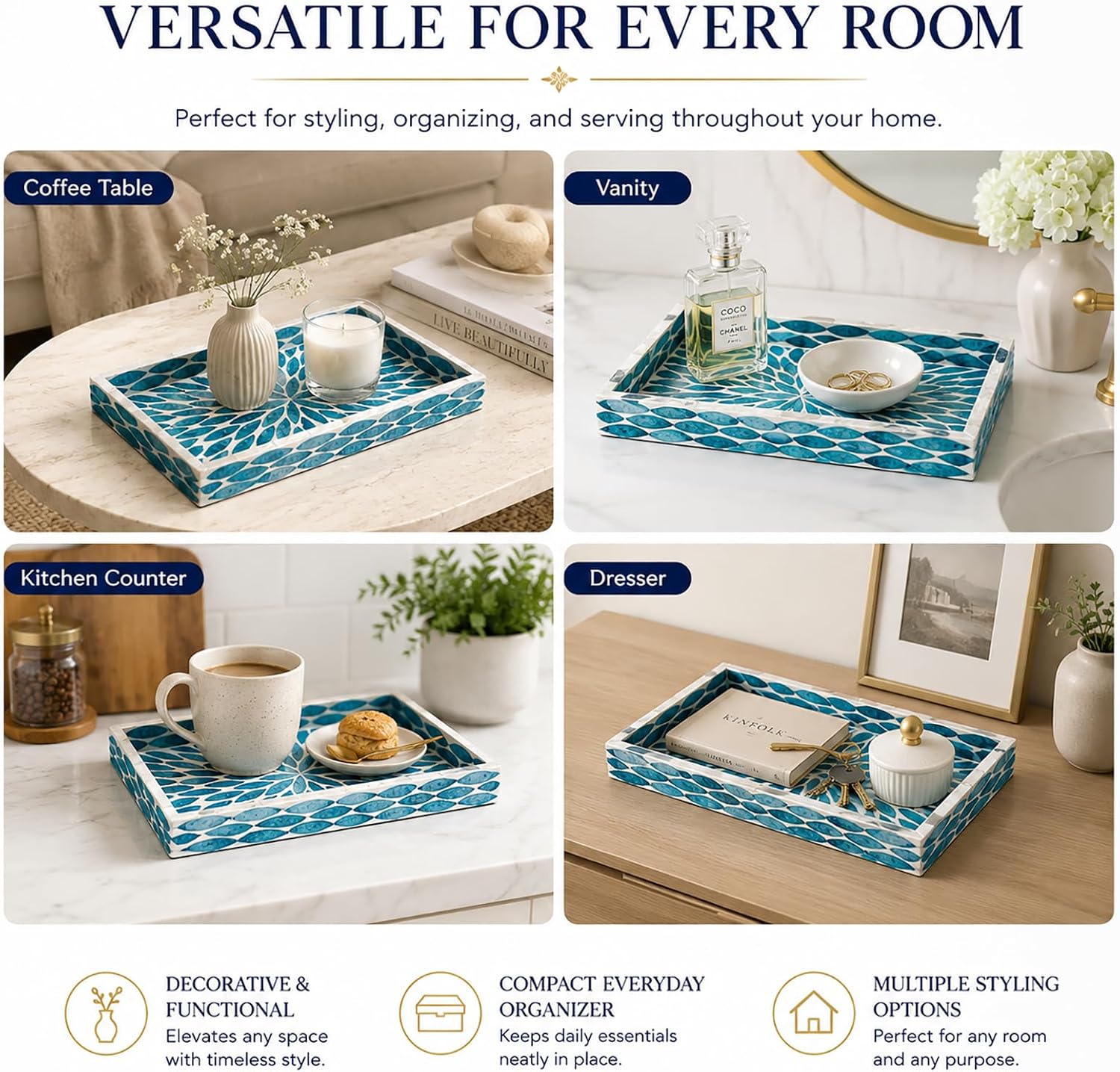 Mother of Pearl Inlay Wooden Tray / Colorful Leaves