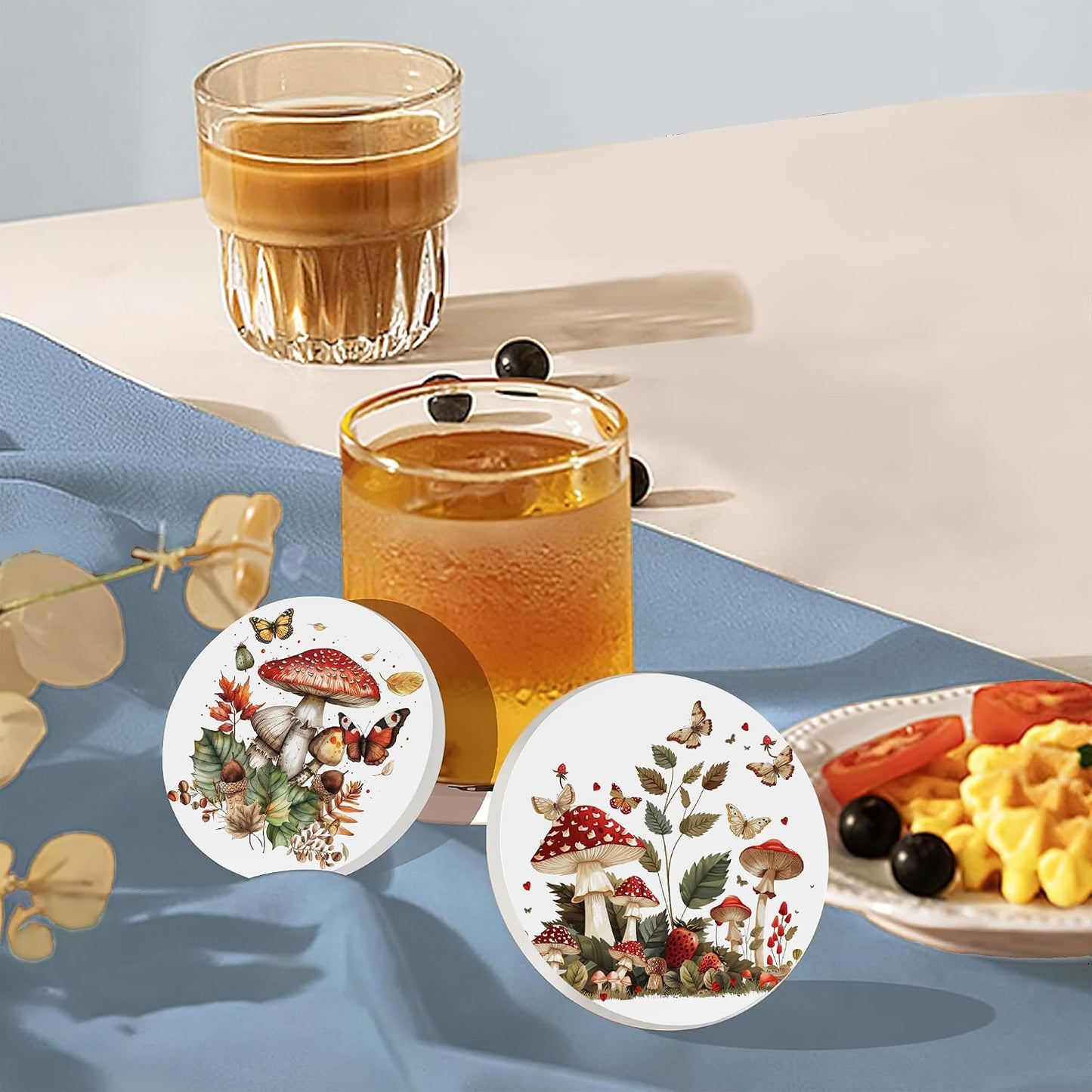 Holder / Absorbent Ceramic Drink Coaster for Tabletop / Mushroom Butterfly / Set of 6