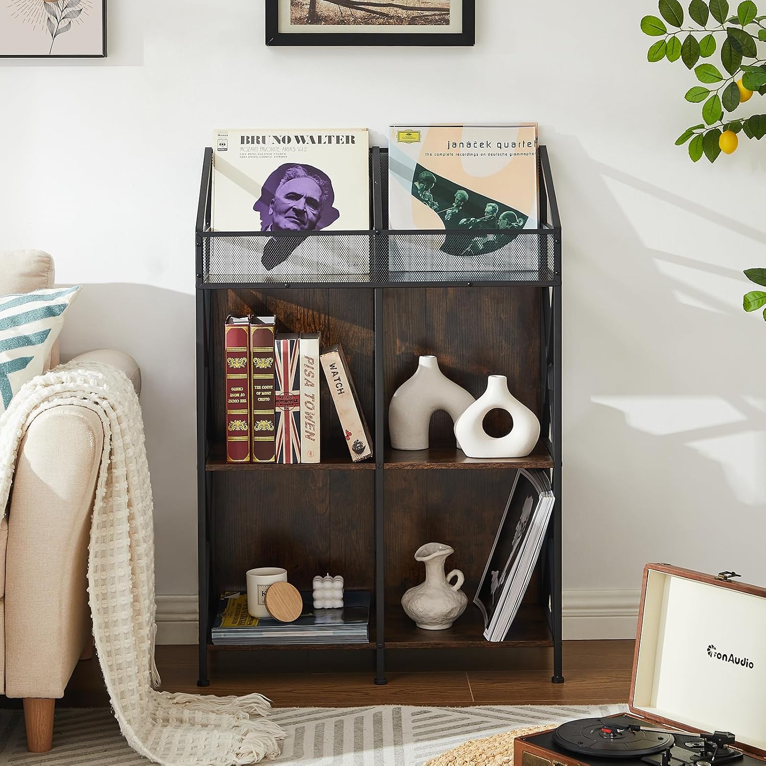 EYOCAL 6 Grids Vinyl Record Storage Holder Rack， Wooden Record Display Table for Magazines Files Albums Books for