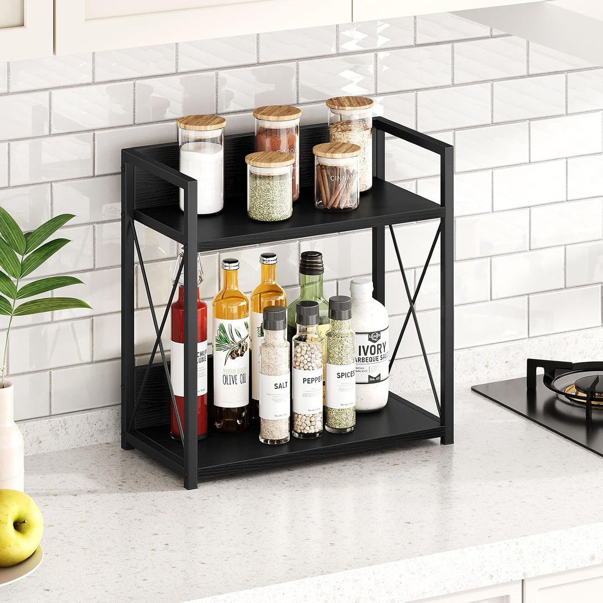 Giikin Kitchen Countertop Organizer, 2 Tier Coffee Bar Organizer, Black Spice Rack for Counter, Kitchen Counter