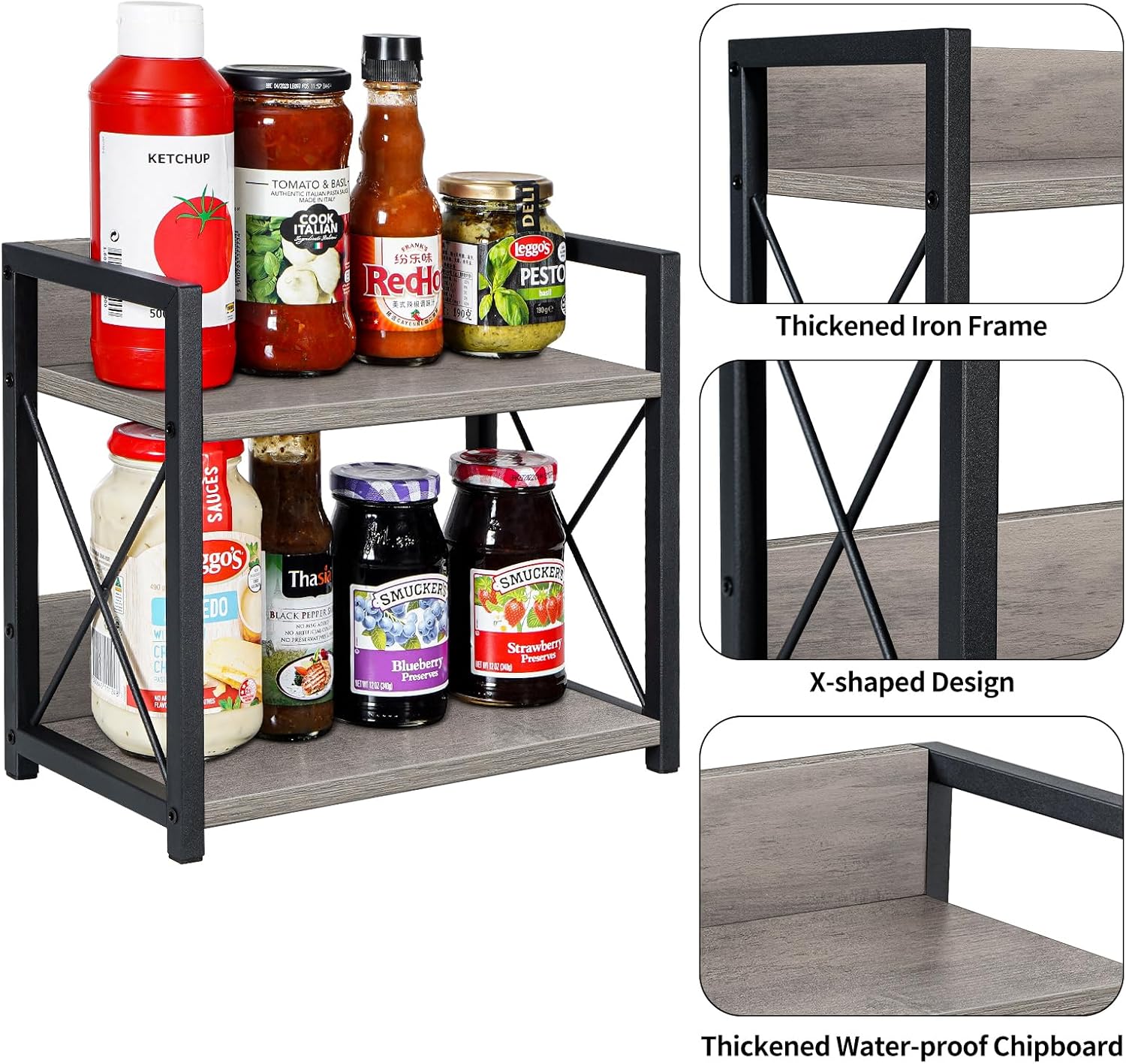 Giikin Countertop Shelf Organizer, 2 Tier Kitchen Spice Rack for Countertop, Wood Kitchen Counter Shelf for Home
