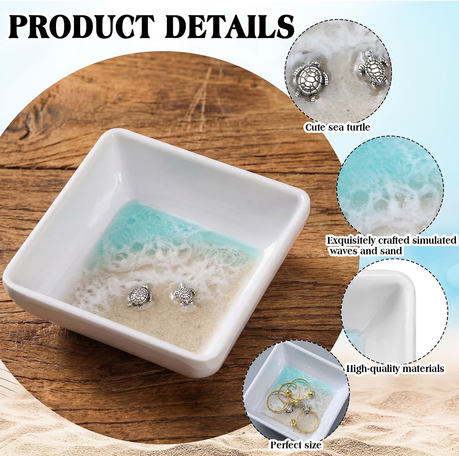 Handmade Ocean Resin Jewelry Tray Mini Turtle Square Ring Dish Jewelry Holder for Rings Earrings