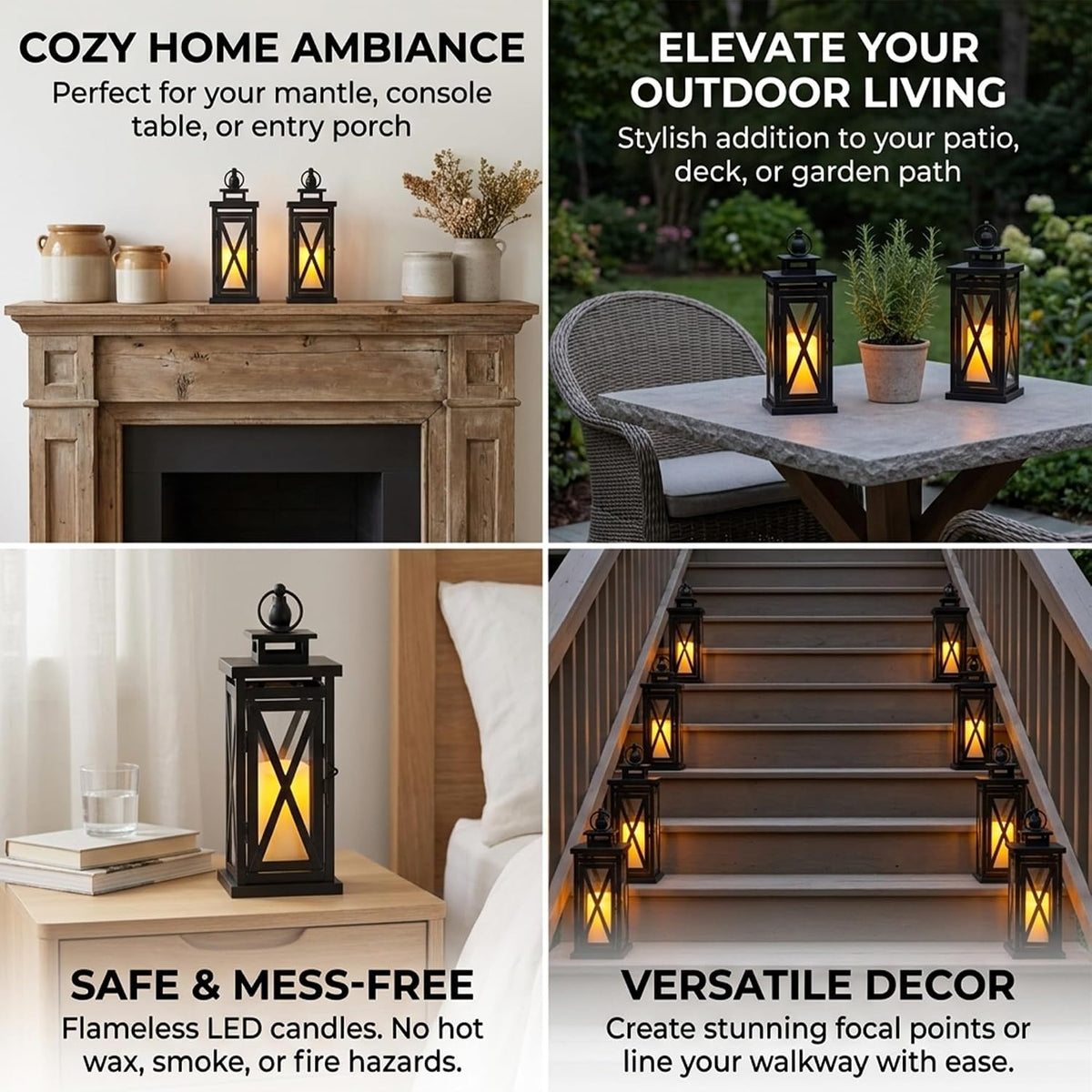 TRIROCKS Set of 2 Deacorative Candle Lantern 11'' High Metal Candle Holder Hanging Lanterns with Tempered Glass Perfect