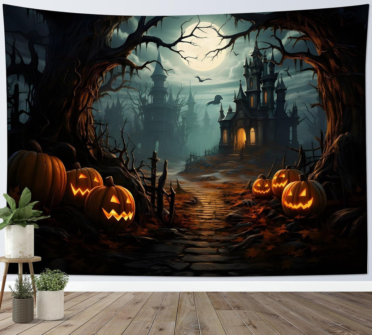 LB Horror Halloween Tapestry Wall Hanging Pumpkin by Dead Tree in Forest Tapestry Haunted Castle Tapestries for Bedroom Living Room College Dorm Wall Decor,59Wx51H inches