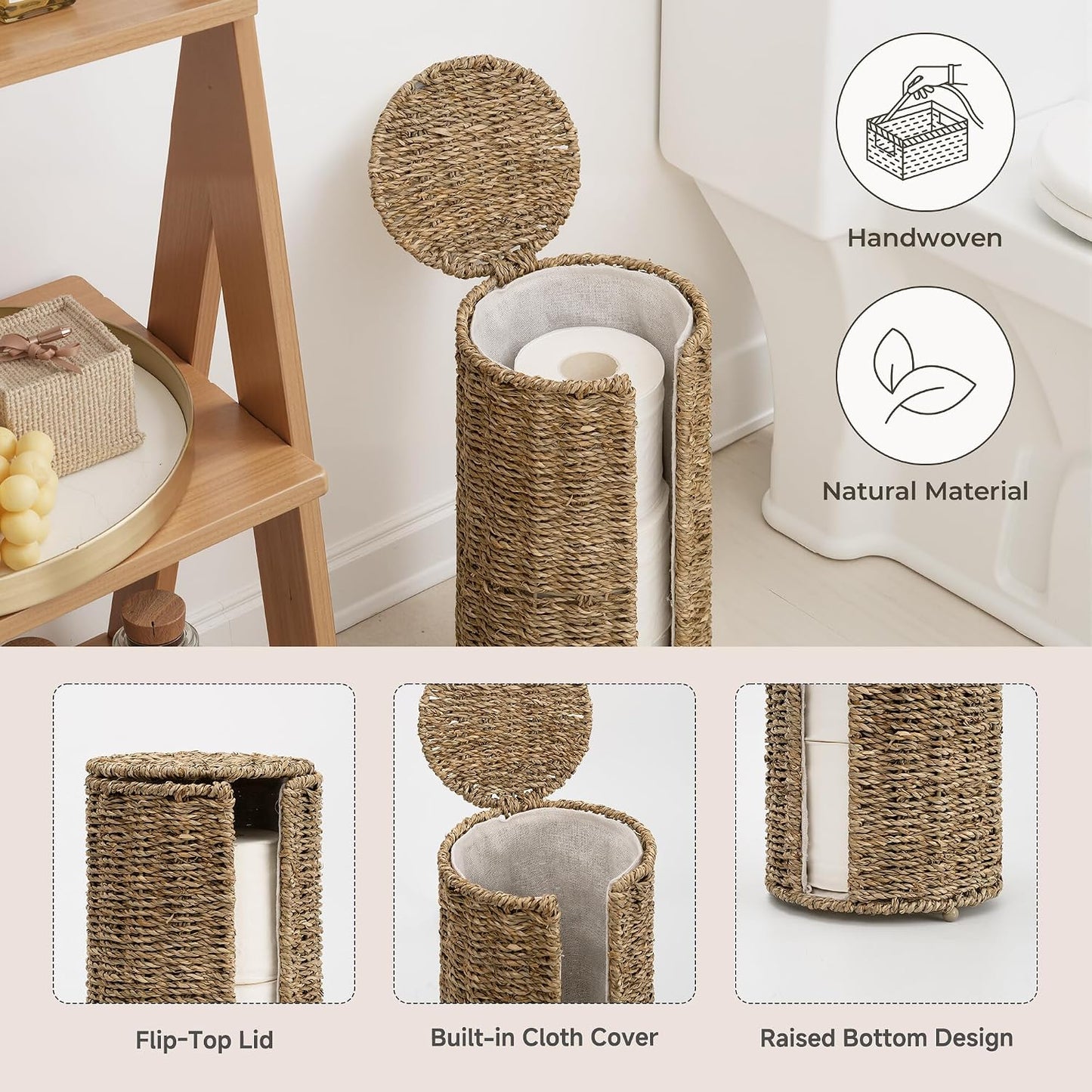 StorageWorks Seagrass Free Standing Toilet Paper Holder Stand for Bathroom, 3 Rolls of Toilet Tissue Storage with a