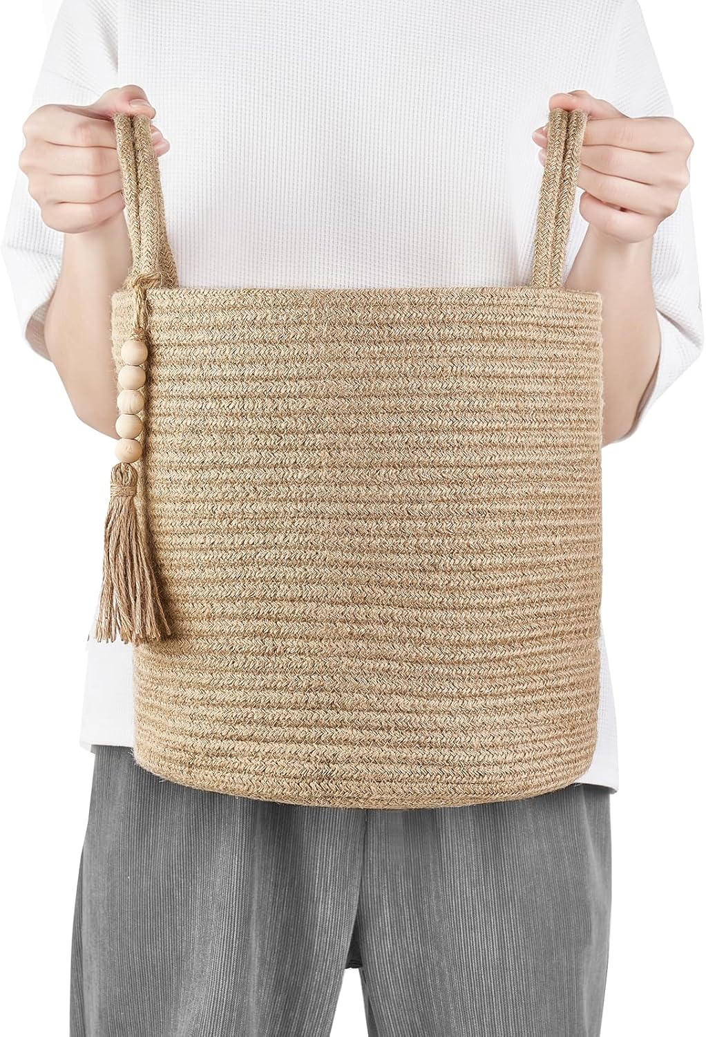 Woven Storage Basket Decorative Natural Rope Basket Wooden Bead Decoration / Brown / 11"W x 11"L