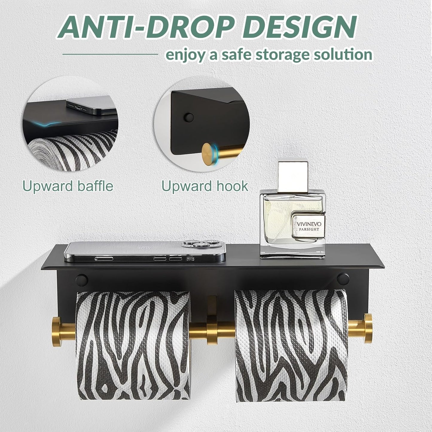 APLusee Double Toilet Paper Holder with Shelf, Black & Gold, Wall Mounted | 304 Stainless Steel, Rustproof for