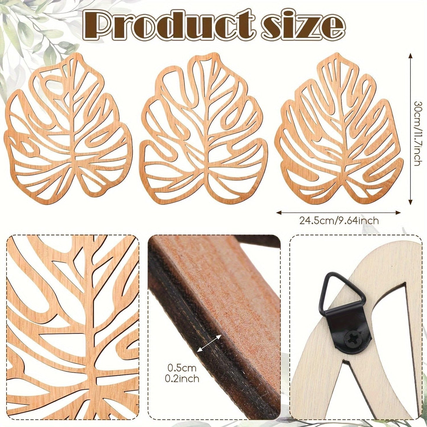Wooden Natural Leaves Plant Wall Decor / Light Brown / Set of 3