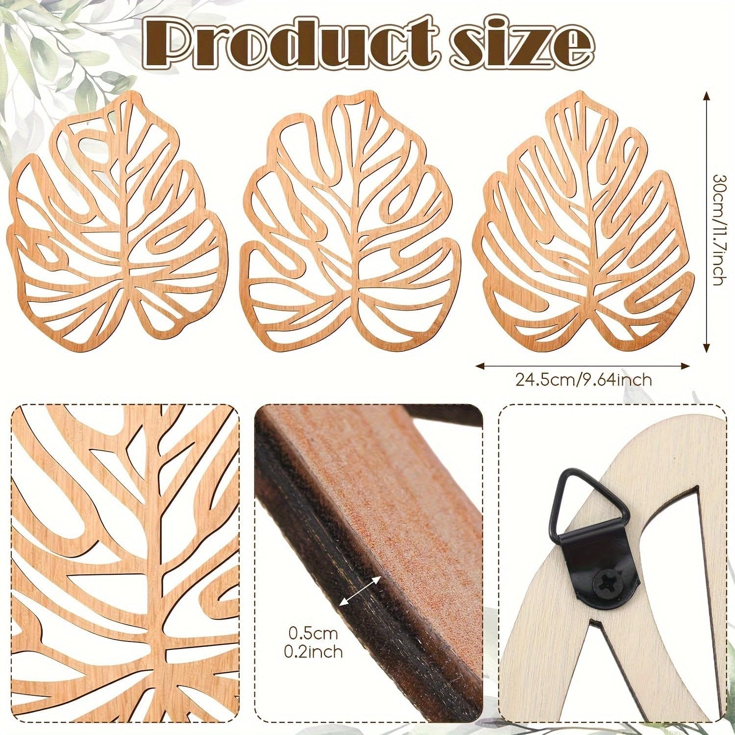 Wooden Natural Leaves Plant Wall Decor / Light Brown / Set of 3