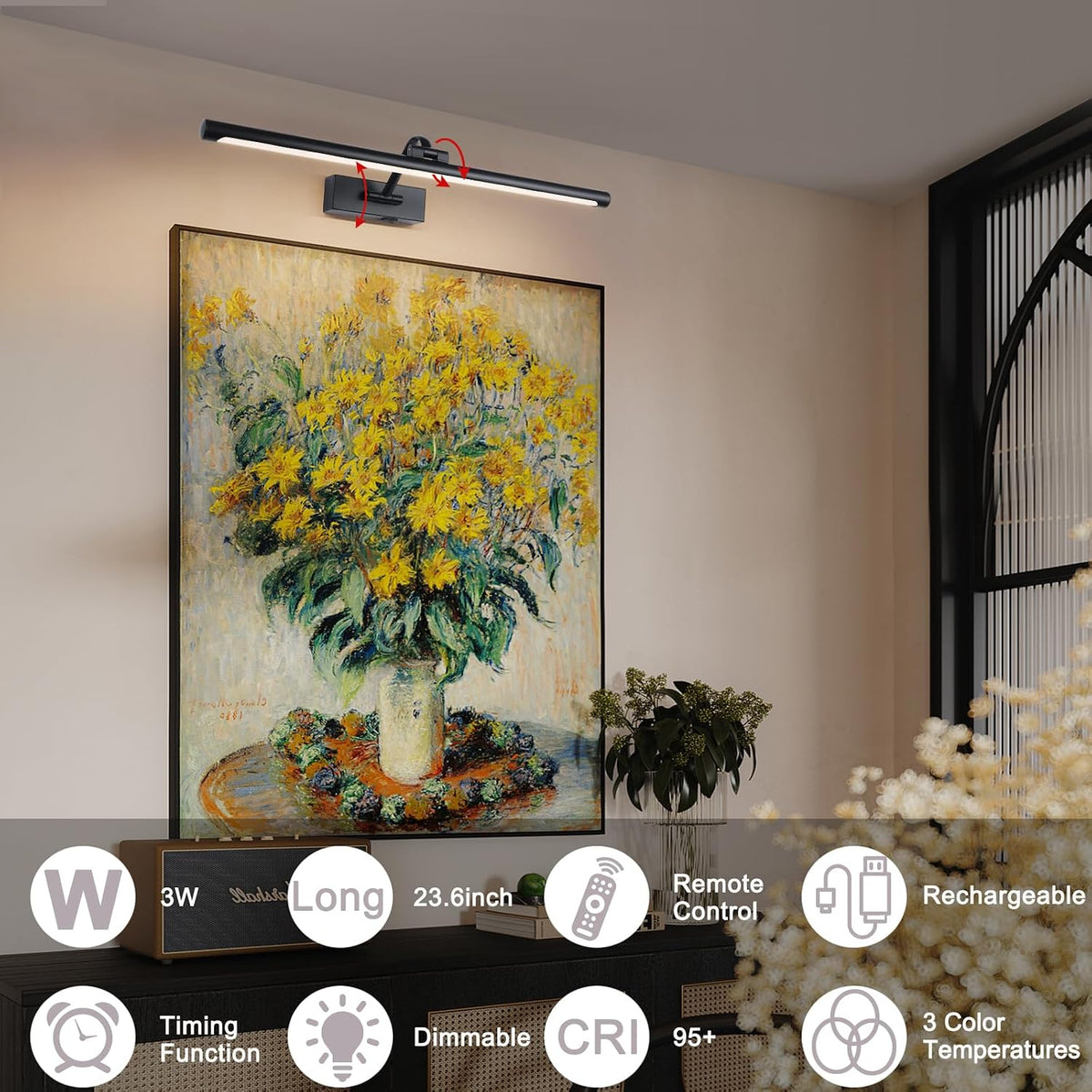 23.6 Inch Battery Operated Picture Lights for Wall Rechargeable Art Lighting for Paintings Wireless Gallery Lights with