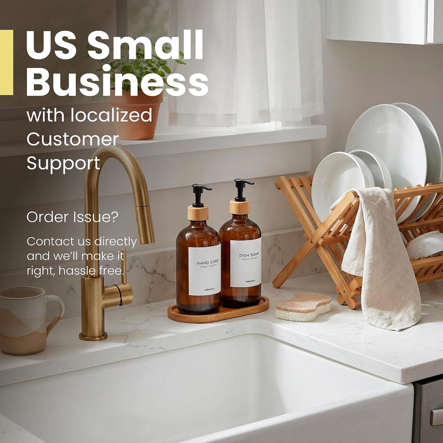 Maisonovo Dish Soap Dispenser Set - Amber Soap Dispenser Black Bamboo Pumps | Glass bottles for body wash, lotion