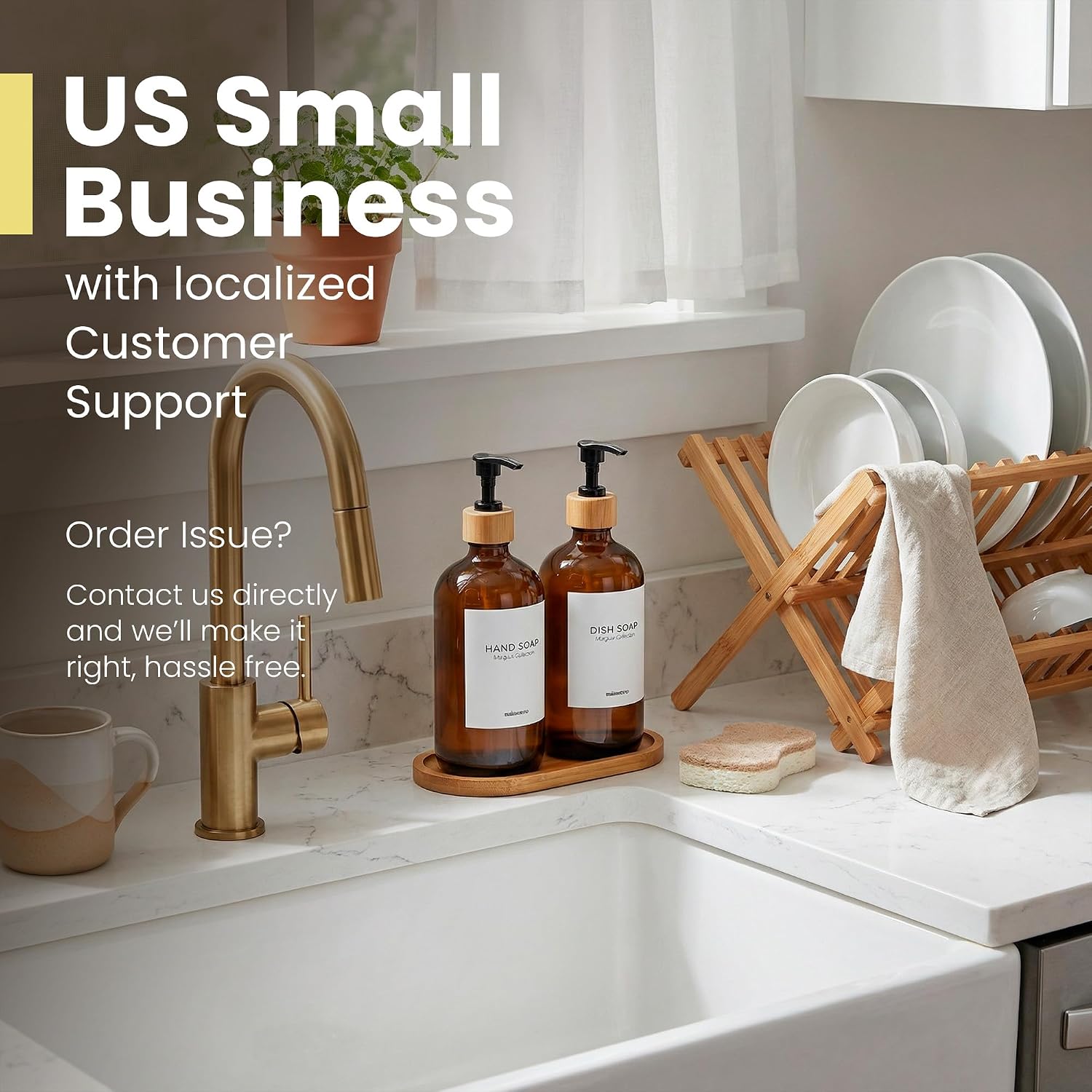 Maisonovo Dish Soap Dispenser Set - Amber Soap Dispenser Black Bamboo Pumps | Glass bottles for body wash, lotion