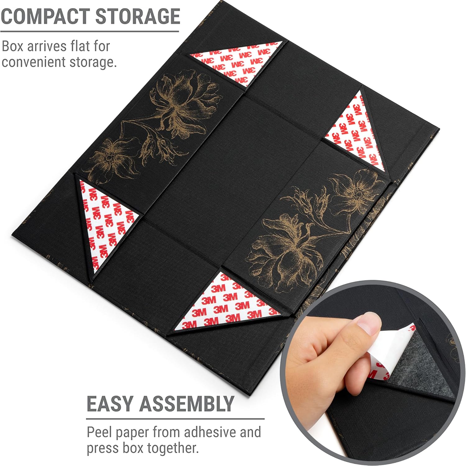 Gold Floral Decorative Boxes / 11.5 x 7.5 x 3.5 / Golden Bouquet / Black / Set of 3