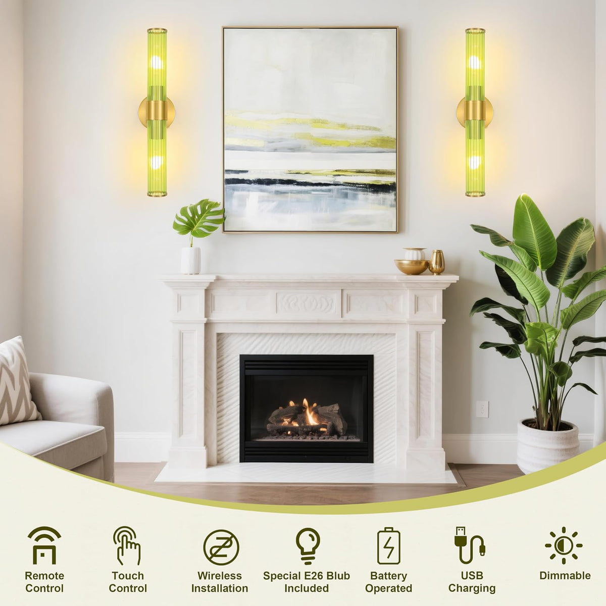 Morauroral Gold Battery Operated Wall Sconces Set of 2, Rechargeable Wall Lights with Remote Control, 20 Inch Modern