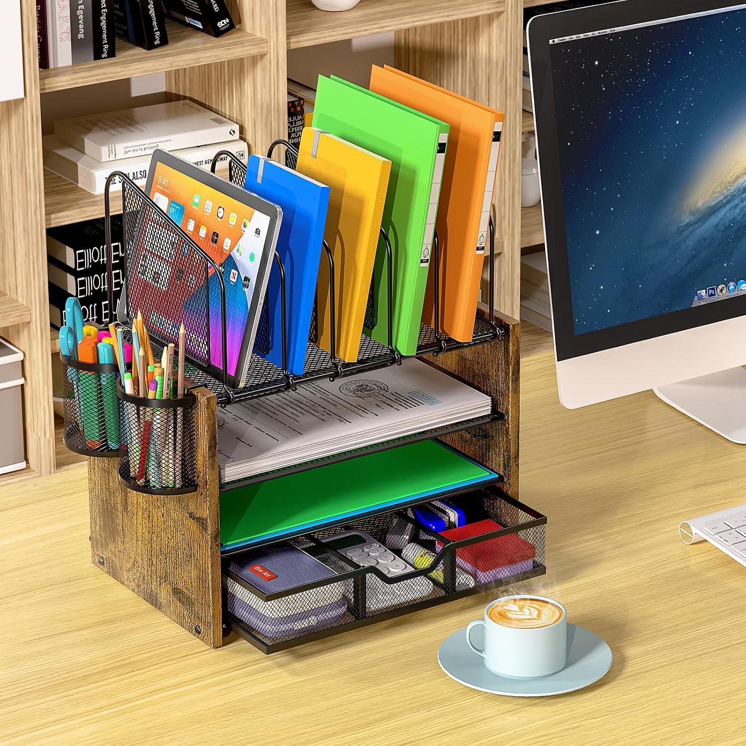 DAOUTIME 4-Tier Mesh Desk Organizer, Wooden Desk File Organizer with 5 Vertical File Holders and 2 Pen Holders, Desktop