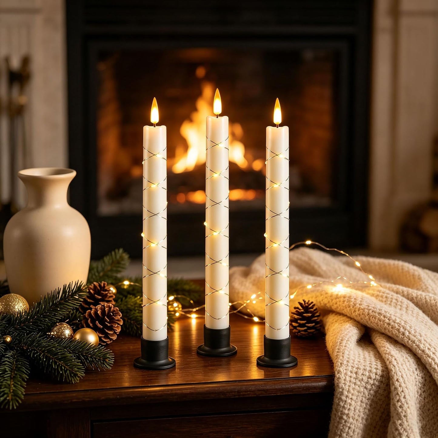 Da by 3 Pack Ivory Heat Resistant Flameless Taper Candles, Cross Surrounding Fairy String Lights, Realistic Dynamic