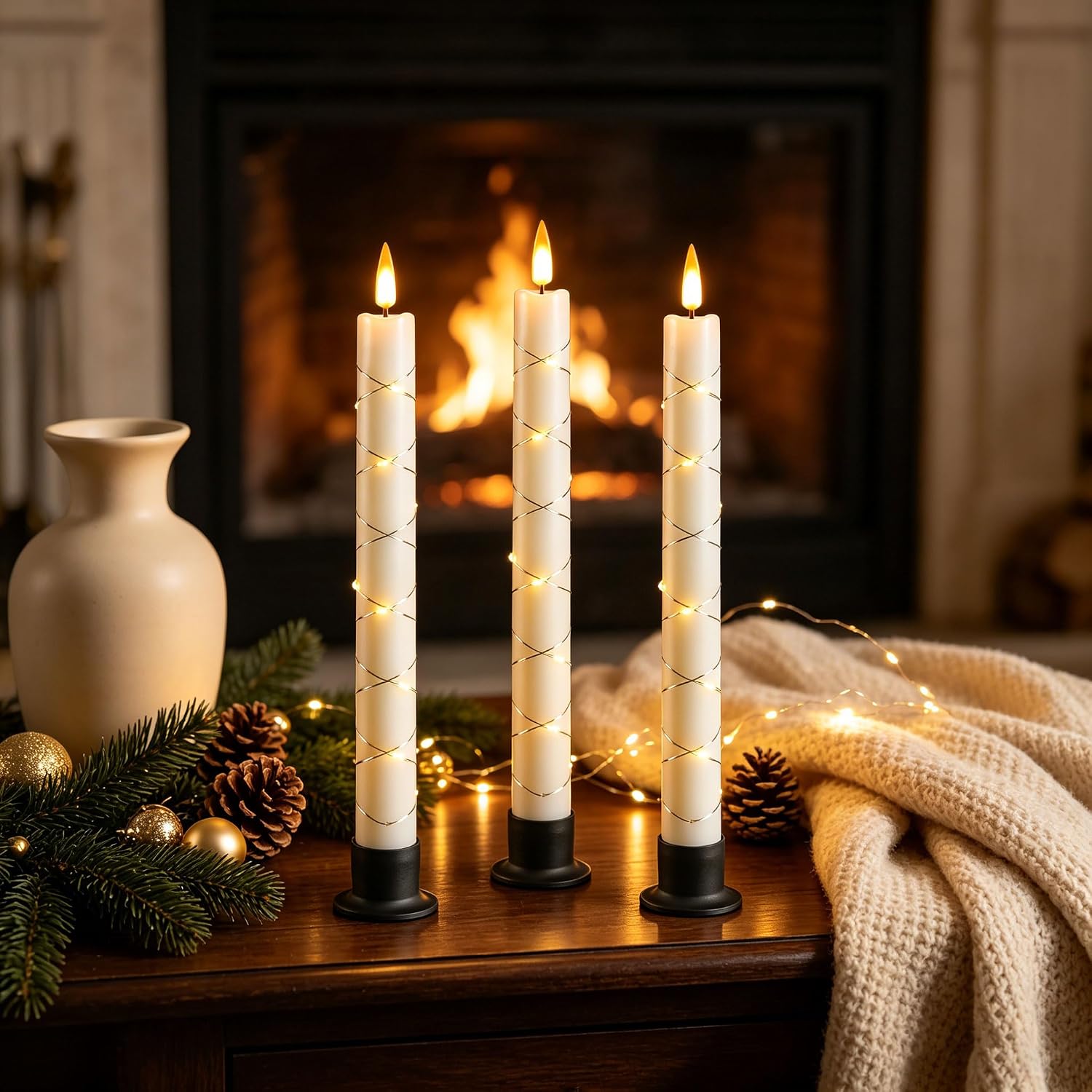 Da by 3 Pack Ivory Heat Resistant Flameless Taper Candles, Cross Surrounding Fairy String Lights, Realistic Dynamic