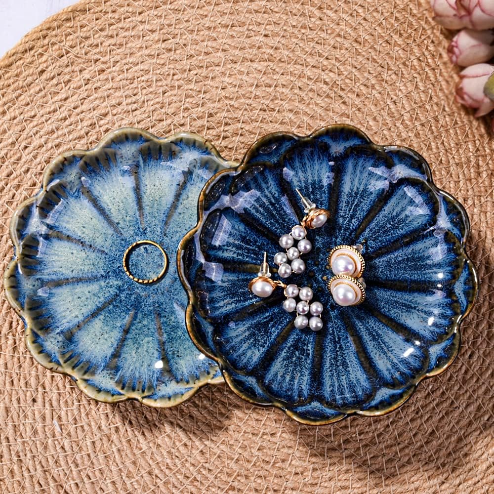 Ceramic and Green Flower Jewelry Tray / Blue / Set of 2