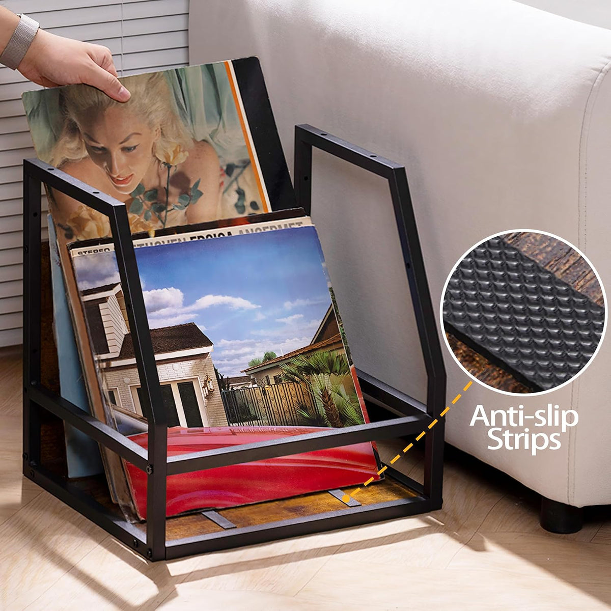 Y&M 2 In 1 Vinyl Record Storage Crate, 1PC Wood LP Holder, Wall Mount or Desktop Metal Album Organizer, Holds 80+