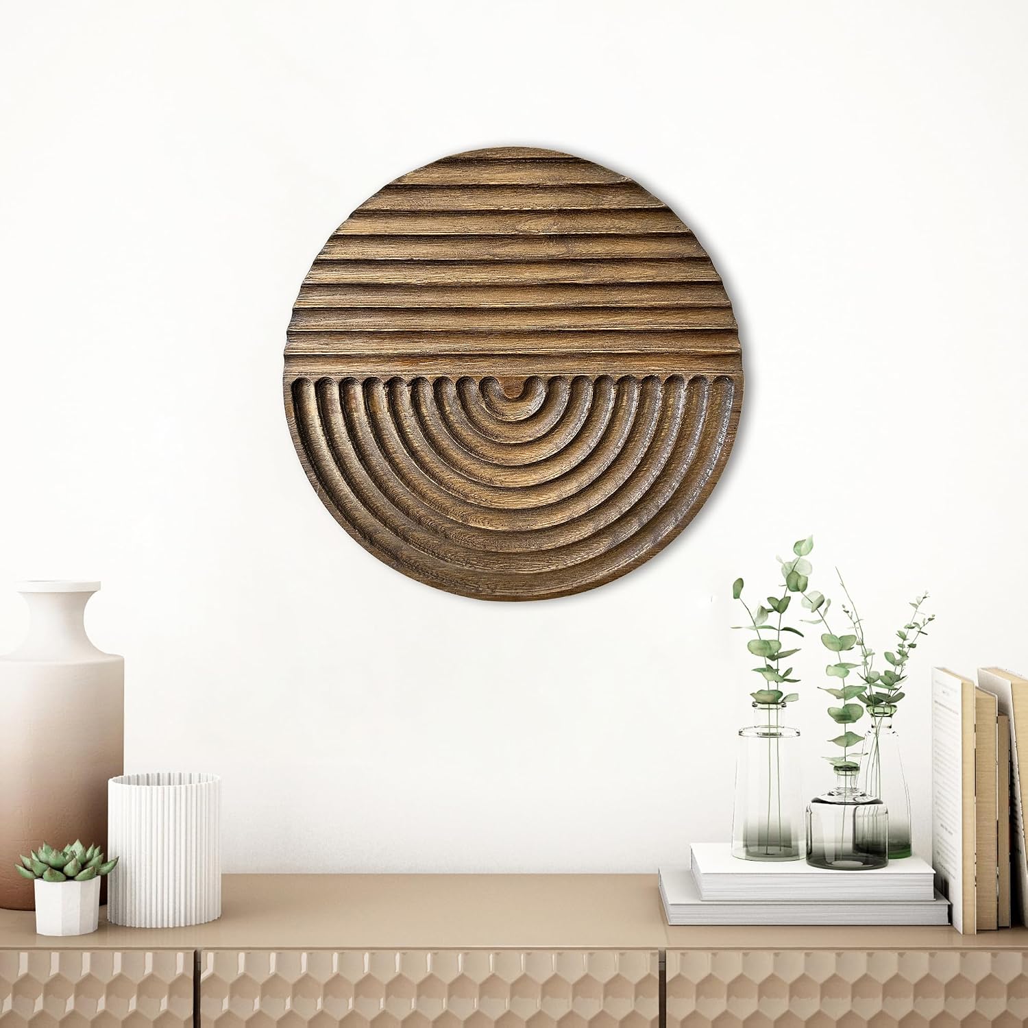 Hand-carved Wood Wall Decor featuring Artistic Round Design for Farmhouse and Country-style / Brown