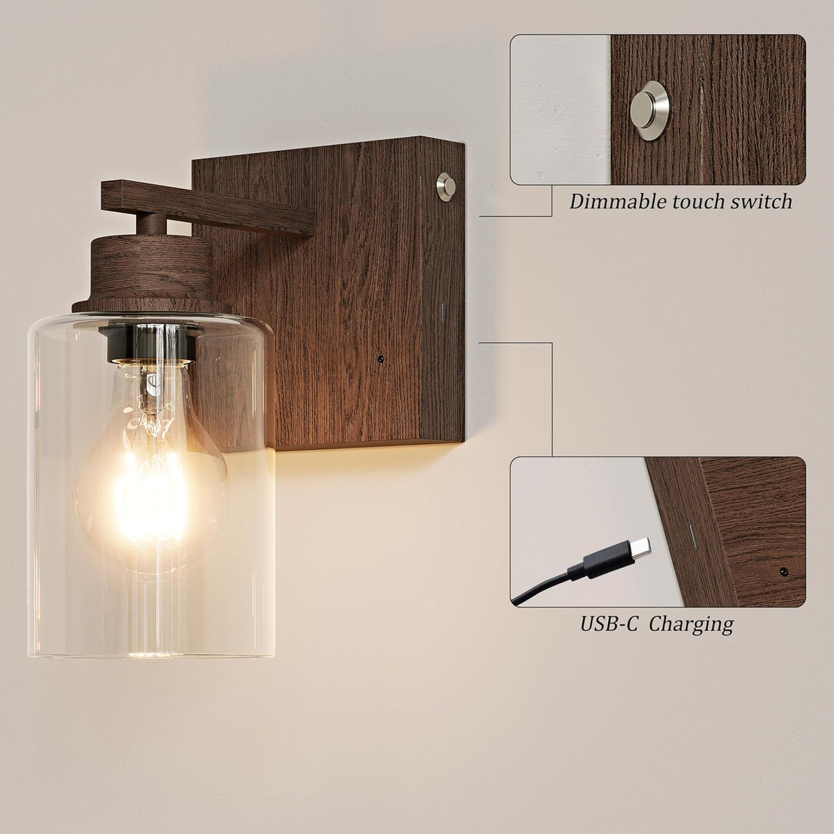 Rayogale Walnut Battery Operated Wall Sconce Set of Two with Remote Control | Dimmable Rechargeable Wall Lights with