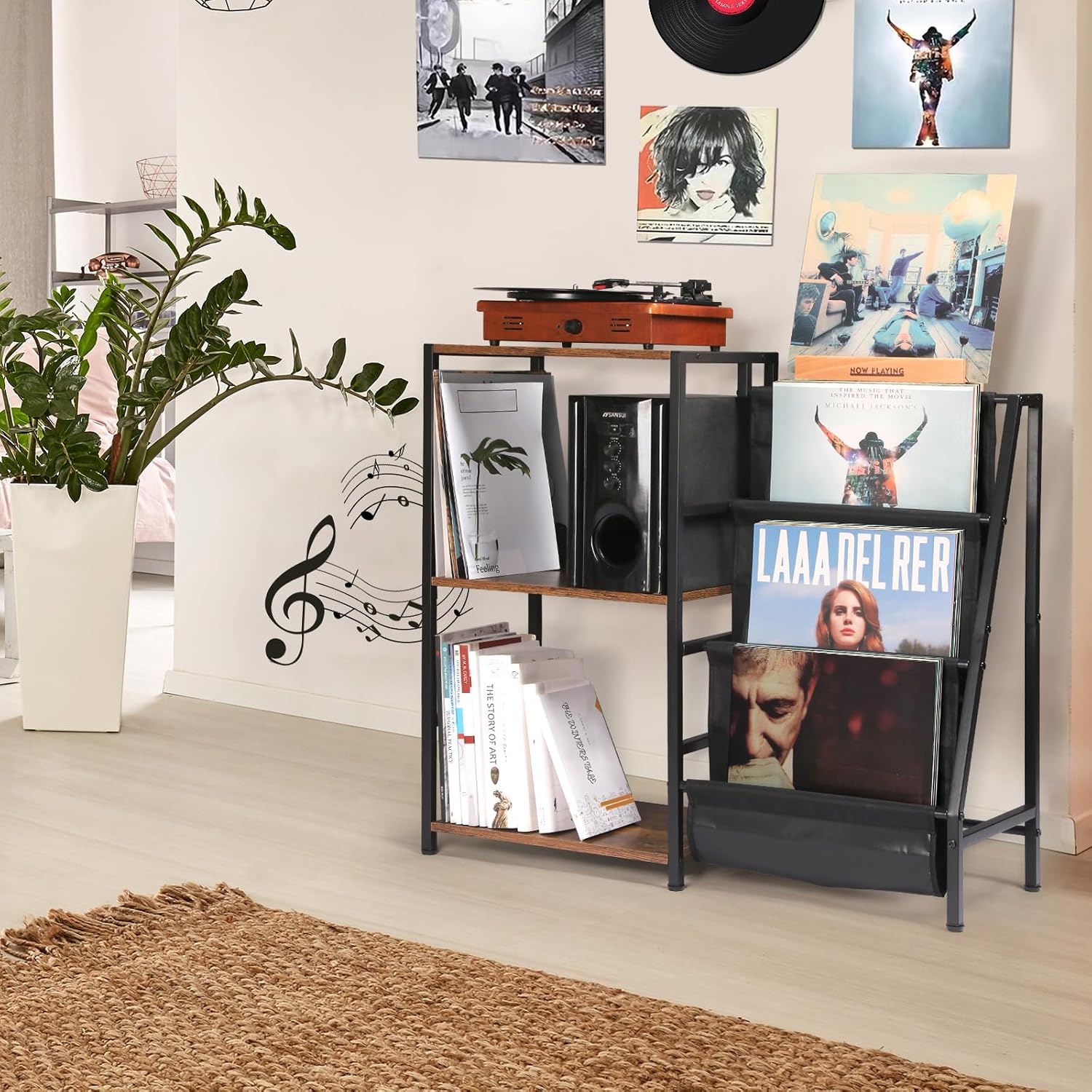 HYCFYJR Record Player Stand, Vinyl Record Storage with Now Playing Holder | 3 Tier Turntable Stand with Album Storage
