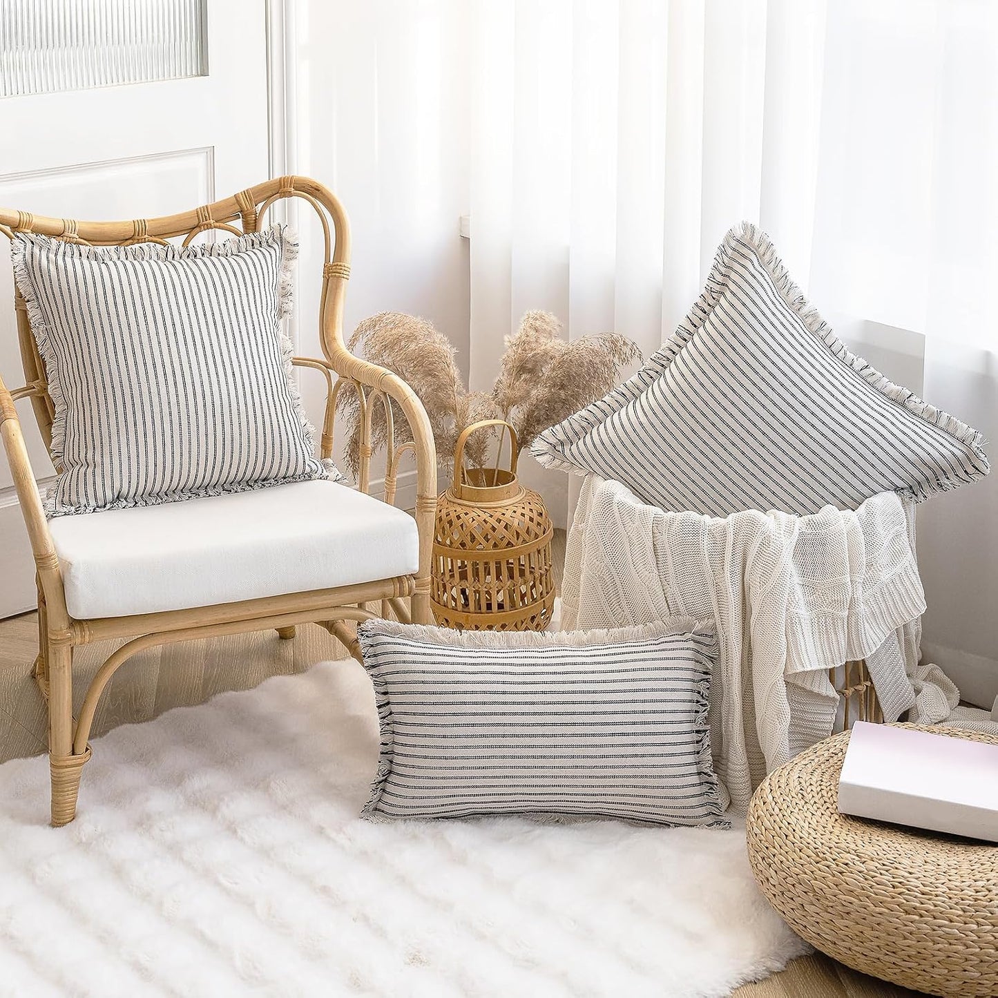 Throw Pillow Covers Striped Fringe Pillow Cover Farmhouse Cushion / Black / 18 x 18 / Set of 2