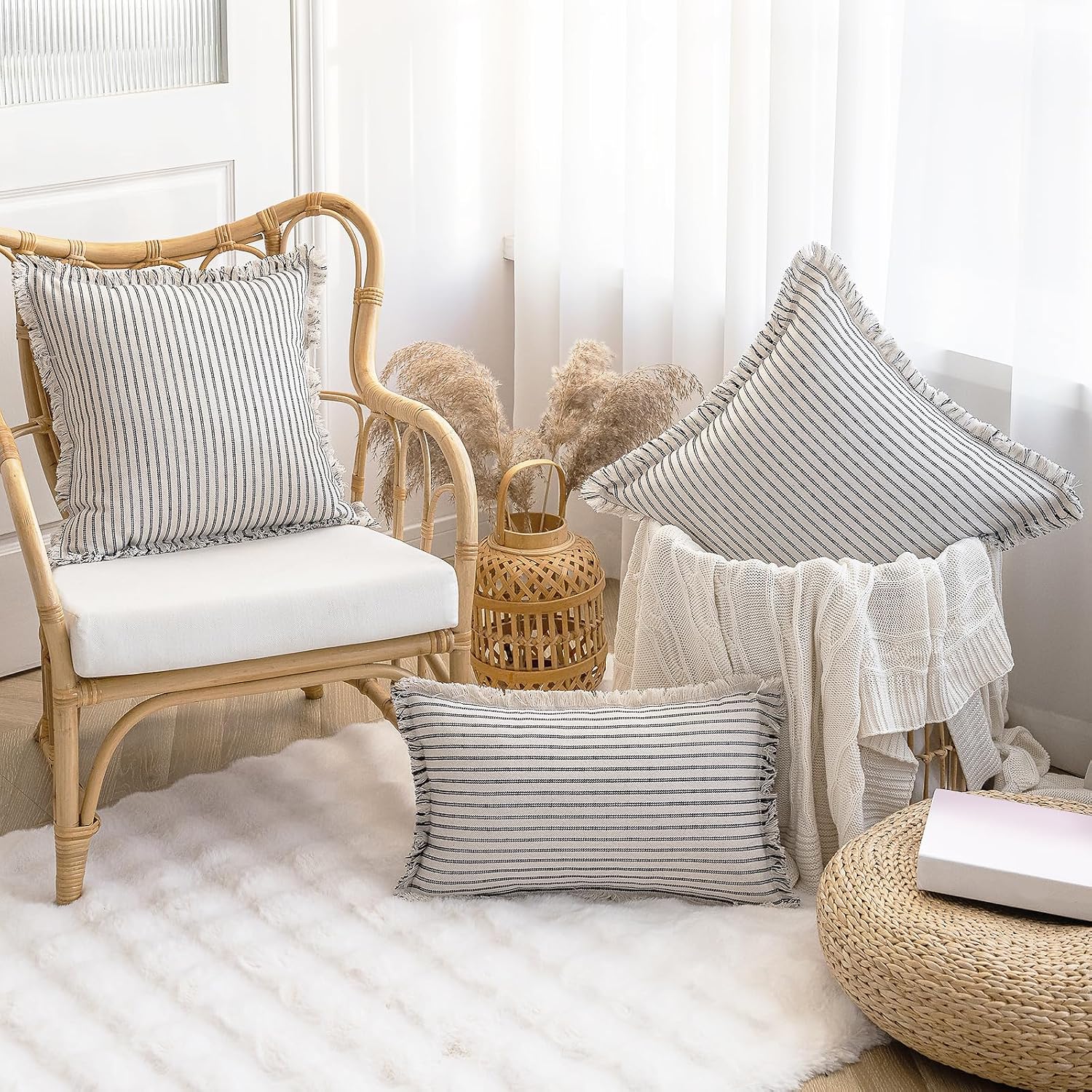 Throw Pillow Covers Striped Fringe Pillow Cover Farmhouse Cushion / Black / 18 x 18 / Set of 2