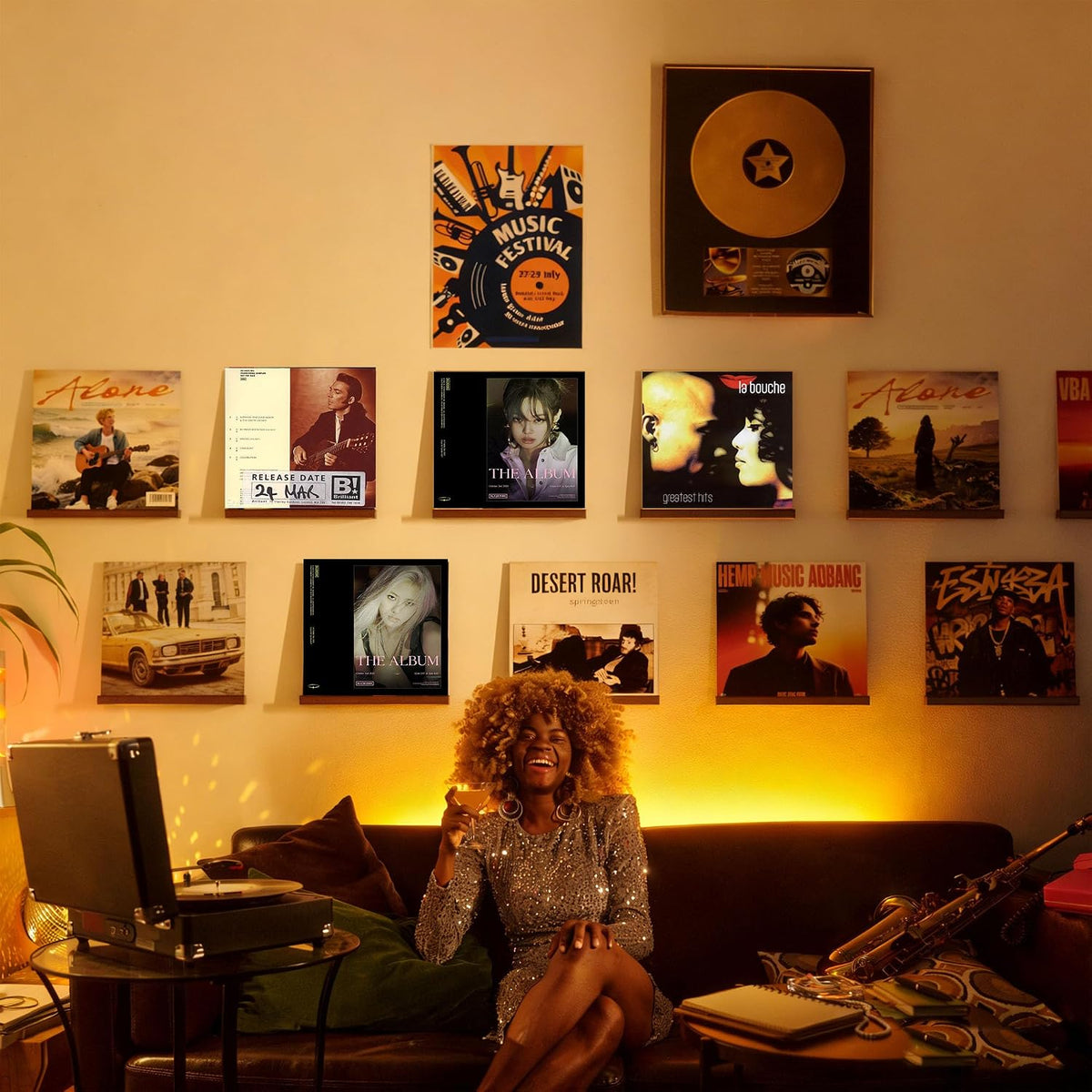 Record Wall Display No Drill with 2 Mount Options(Adhesive & Screws), 10 Pack Walnut Wood Vinyl Shelf, Vinyl Wall