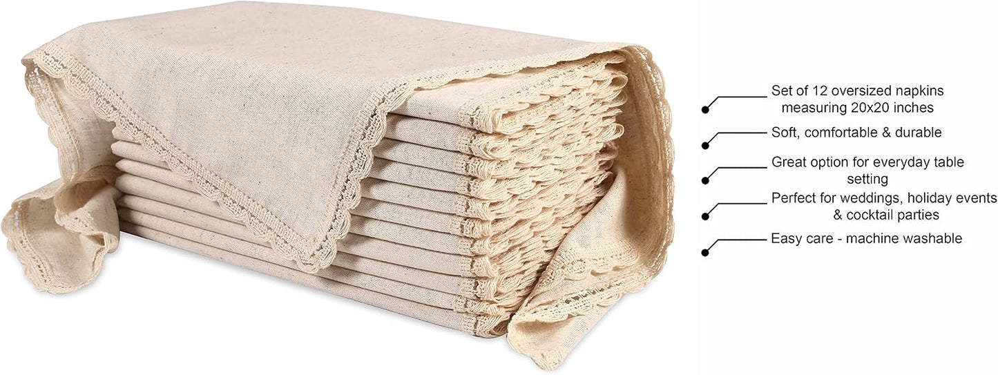 Hausattire Cloth Dinner Napkins, 12-Pack, 20x20 in, Natural | Flax-cotton blend, lace trim, mitered corners, machine