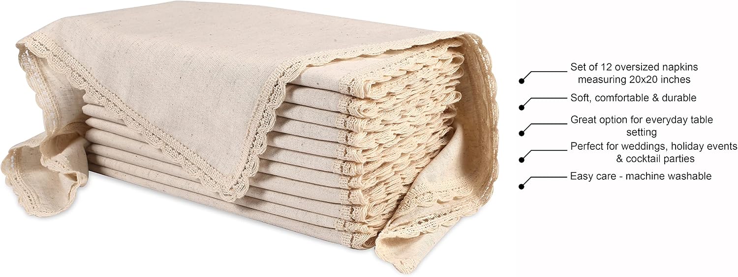 Hausattire Cloth Dinner Napkins, 12-Pack, 20x20 in, Natural | Flax-cotton blend, lace trim, mitered corners, machine