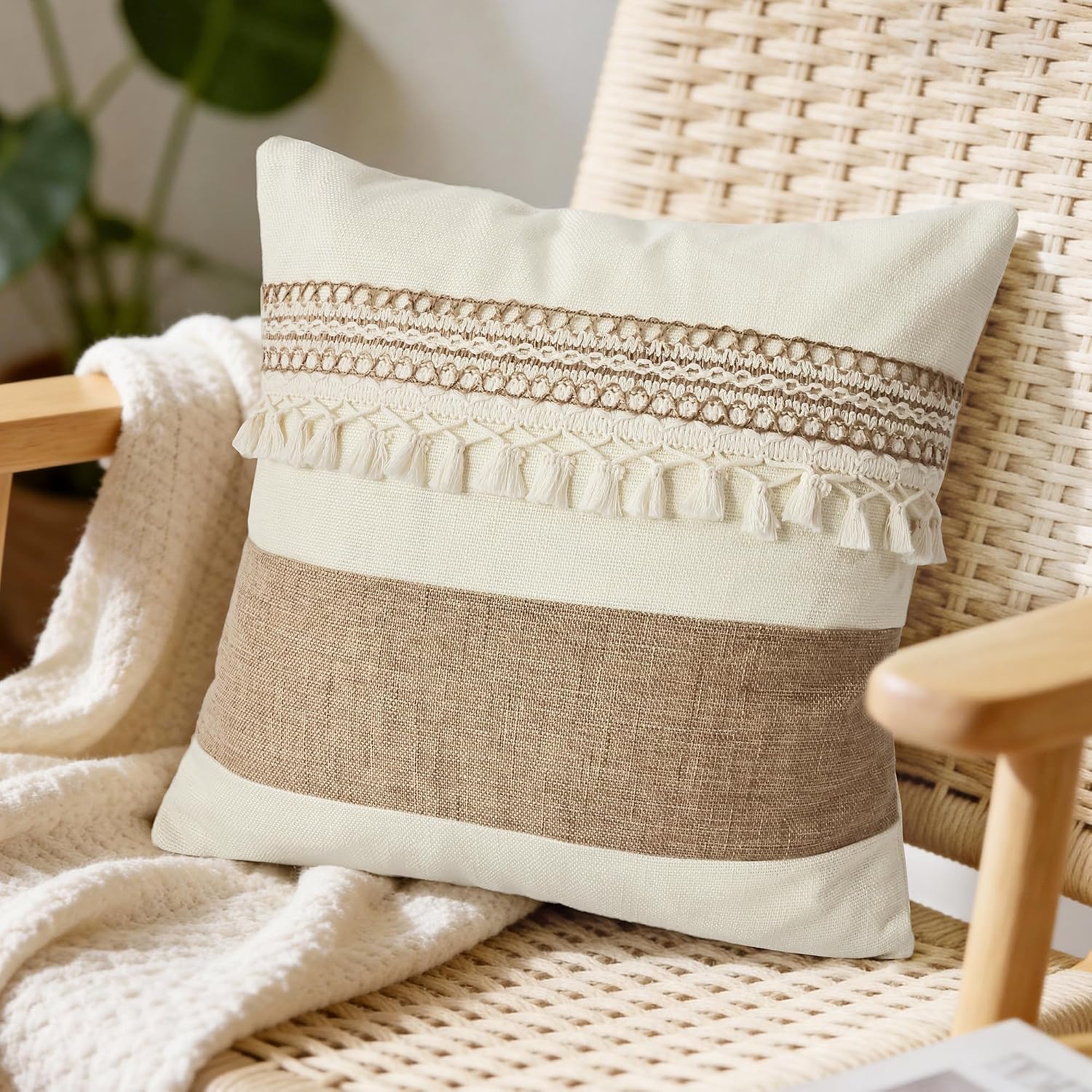 Boho Patchwork Linen Throw Pillow Covers / Boho Beige Tassles-a / 18 x 18 / Set of 2