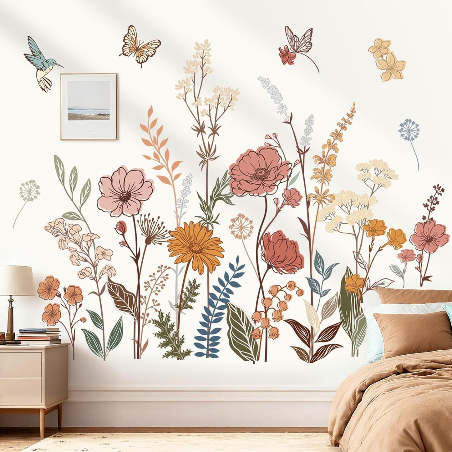 Boho Flower Wall Stickers Wildflower Floral Grass Plants Peel and Stick Wall Art Decals for Baby