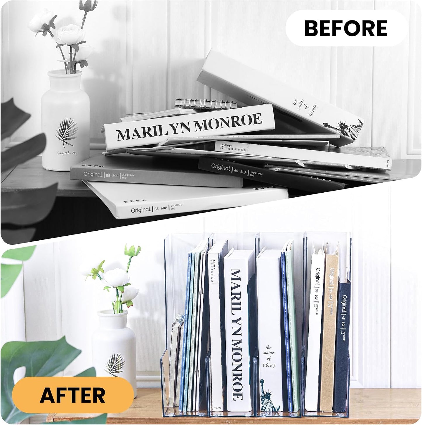 LALOBLUE Vertical Magazine File Holder, Clear, 4 Pack | Plastic, Holds Magazines, Binders, Notebooks, Envelopes, Desk