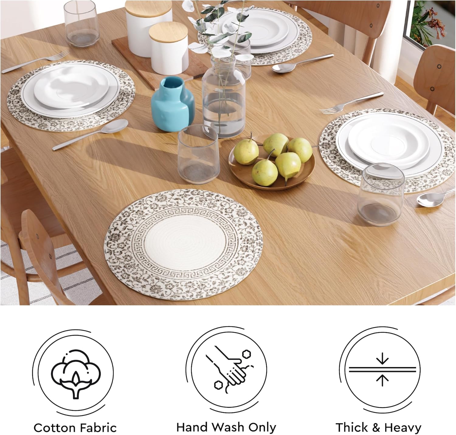 Encasa XO Placemats, Round Cotton Dining Table Mats 13" | Printed Grey, Handcrafted Ribbed Texture | Heat Resistant