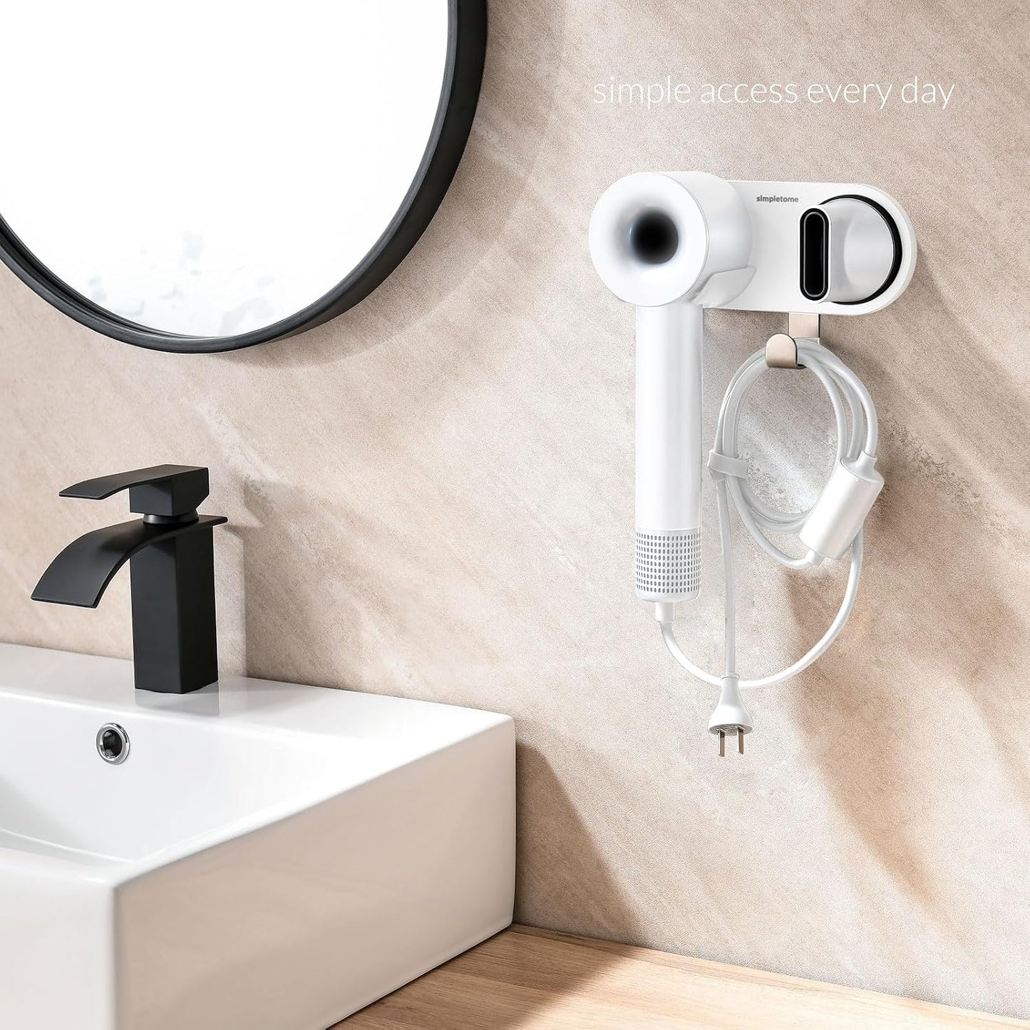Magnetic Hair Dryer Holder Wall Mount for Most High Speed Blow Dryer | strong POM plastic, white | with plug cord
