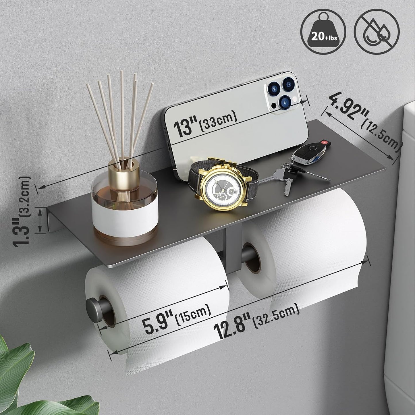 Grey Toilet Paper Holder with Shelf, Double Roll Commercial Toilet Paper Dispenser