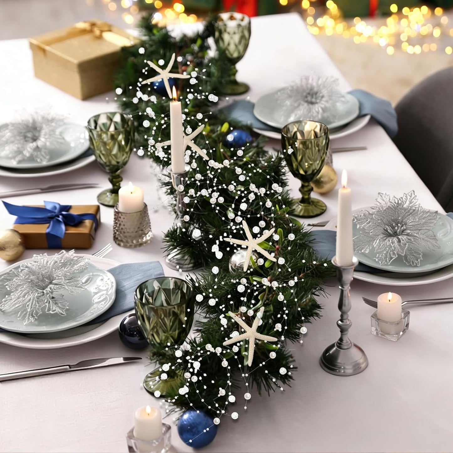 Beach Beaded Starfish Garland Christmas Decorations 2M/ White / Off White / 80 Inch / Set of 6