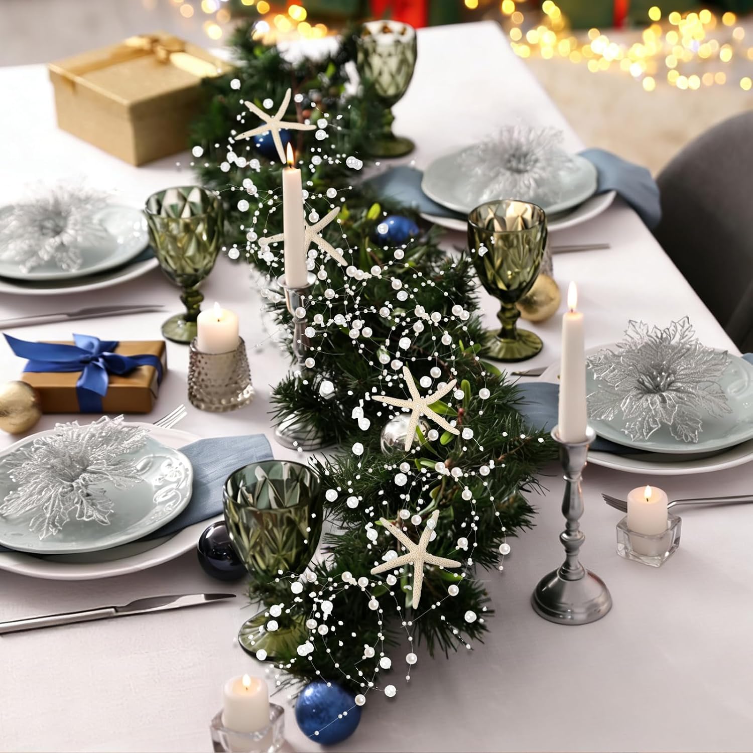 Beach Beaded Starfish Garland Christmas Decorations 2M/ White / Off White / 80 Inch / Set of 6