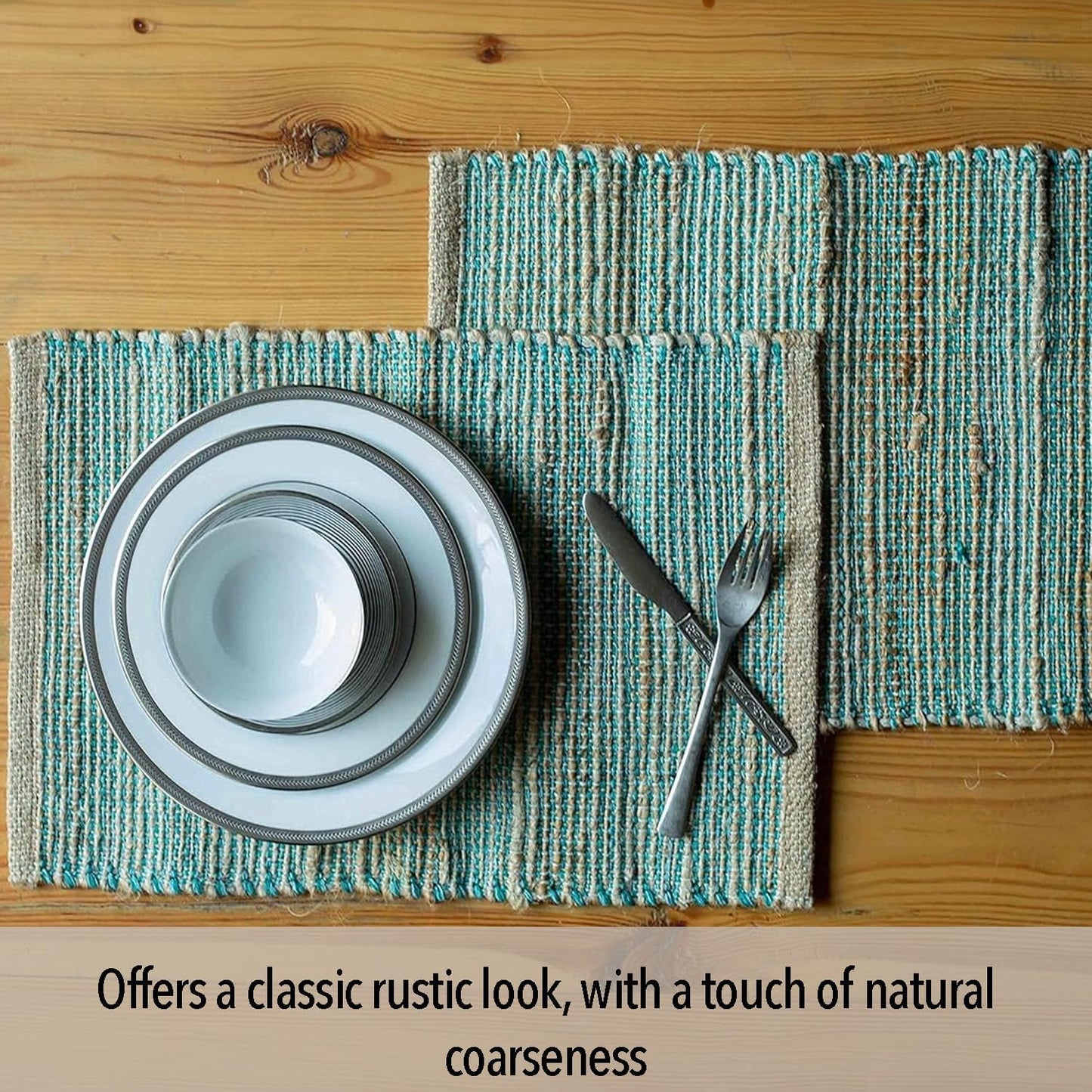 Natural Jute & Aqua Turquoise Placemats, Set of 4 – Rustic Handmade Boho Table Mats, 13x19 in Dining Table Placemats